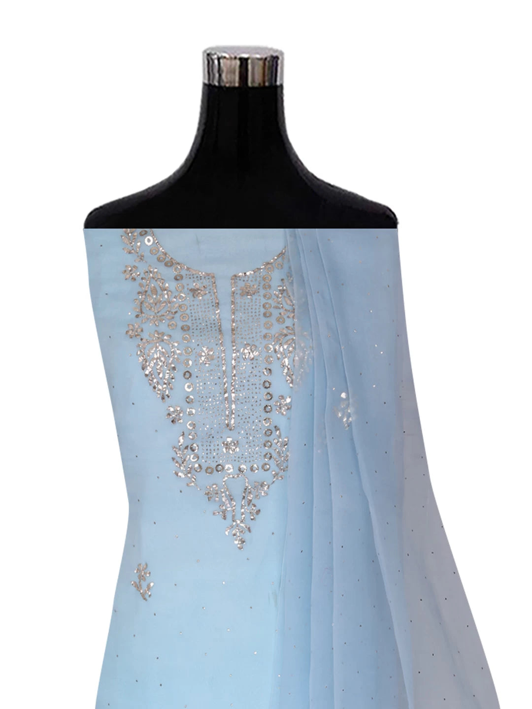 Ada Hand Embroidered Mint Blue Organza Lucknowi Chikankari Unstitched Kurta Dupatta Set With Mukaish Work 01A185723