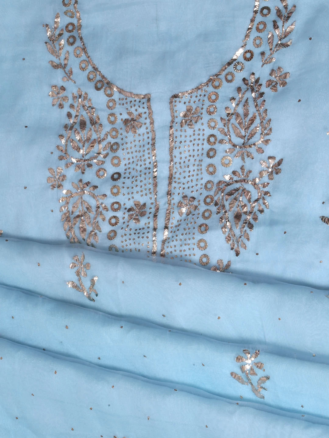 Ada Hand Embroidered Mint Blue Organza Lucknowi Chikankari Unstitched Kurta Dupatta Set With Mukaish Work 01A185723