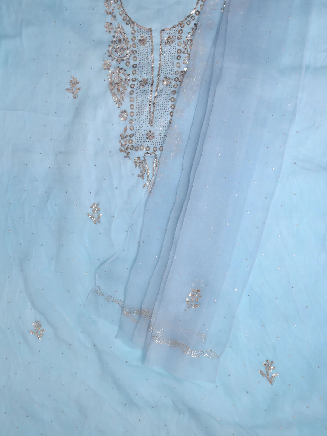 Ada Hand Embroidered Mint Blue Organza Lucknowi Chikankari Unstitched Kurta Dupatta Set With Mukaish Work 01A185723