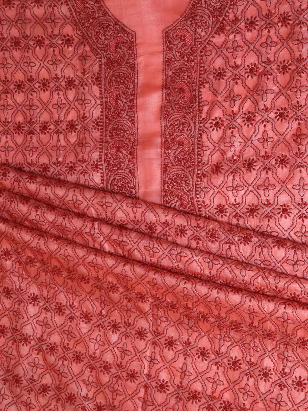Ada Hand Embroidered Salmon Peach Silk Lucknowi Chikankari Unstitched Kurta Piece 01A372933