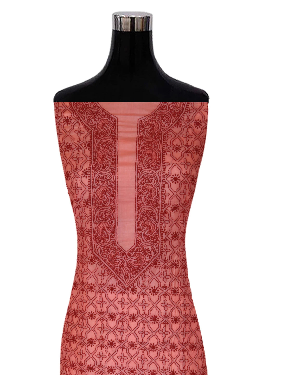 Ada Hand Embroidered Salmon Peach Silk Lucknowi Chikankari Unstitched Kurta Piece 01A372933