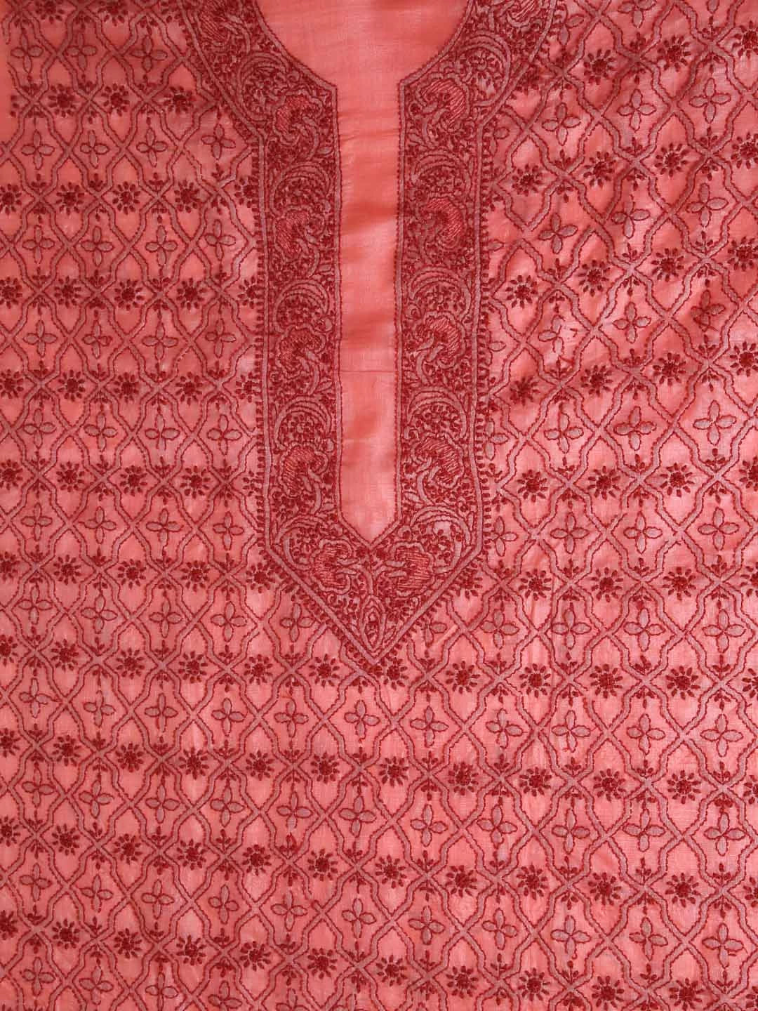Ada Hand Embroidered Salmon Peach Silk Lucknowi Chikankari Unstitched Kurta Piece 01A372933
