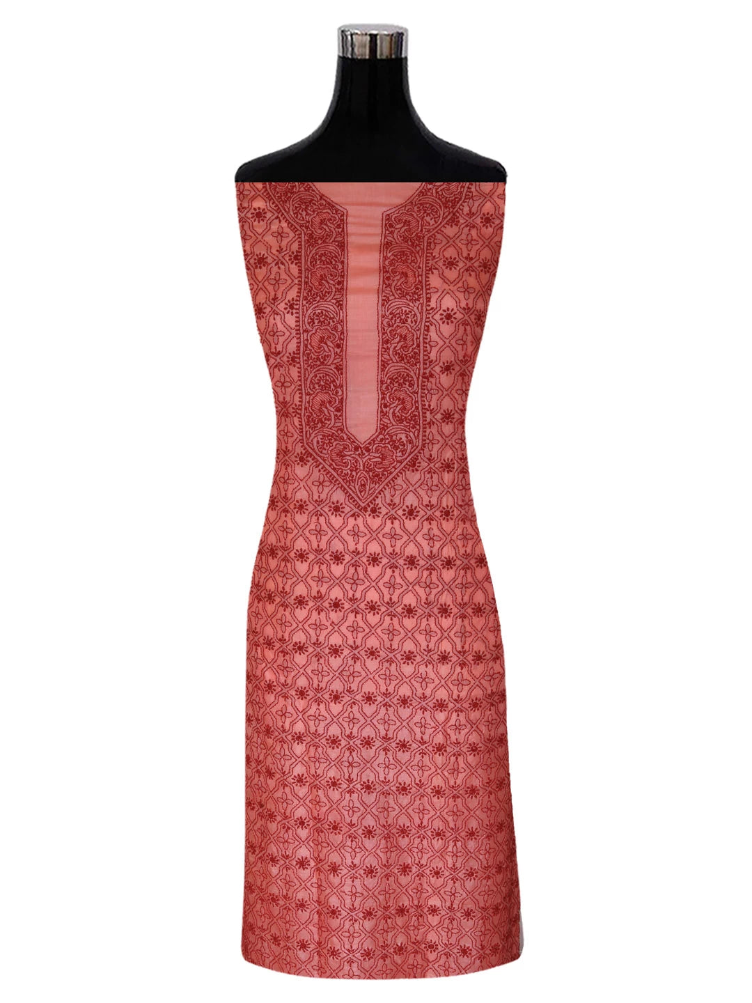 Ada Hand Embroidered Salmon Peach Silk Lucknowi Chikankari Unstitched Kurta Piece 01A372933
