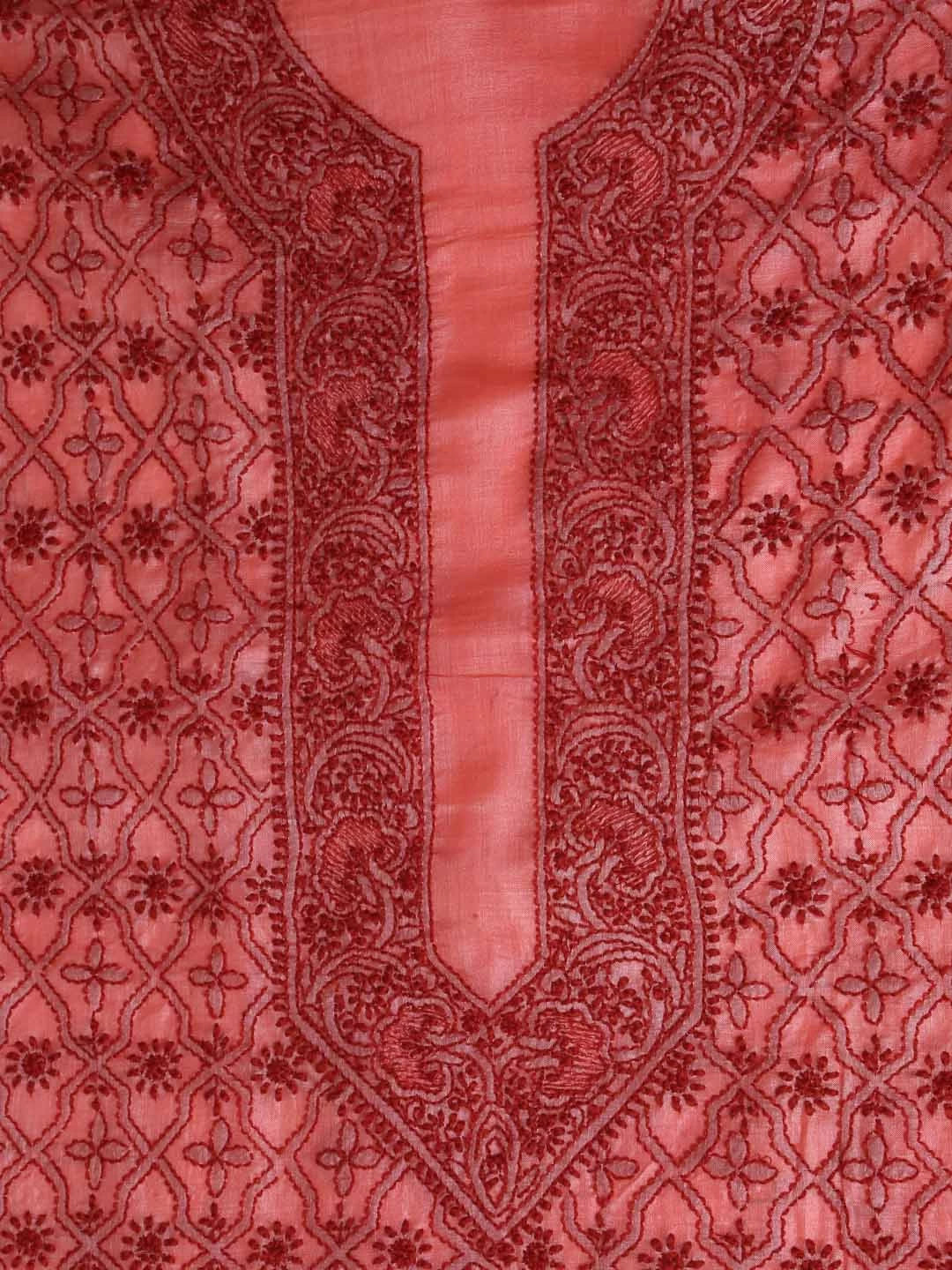 Ada Hand Embroidered Salmon Peach Silk Lucknowi Chikankari Unstitched Kurta Piece 01A372933