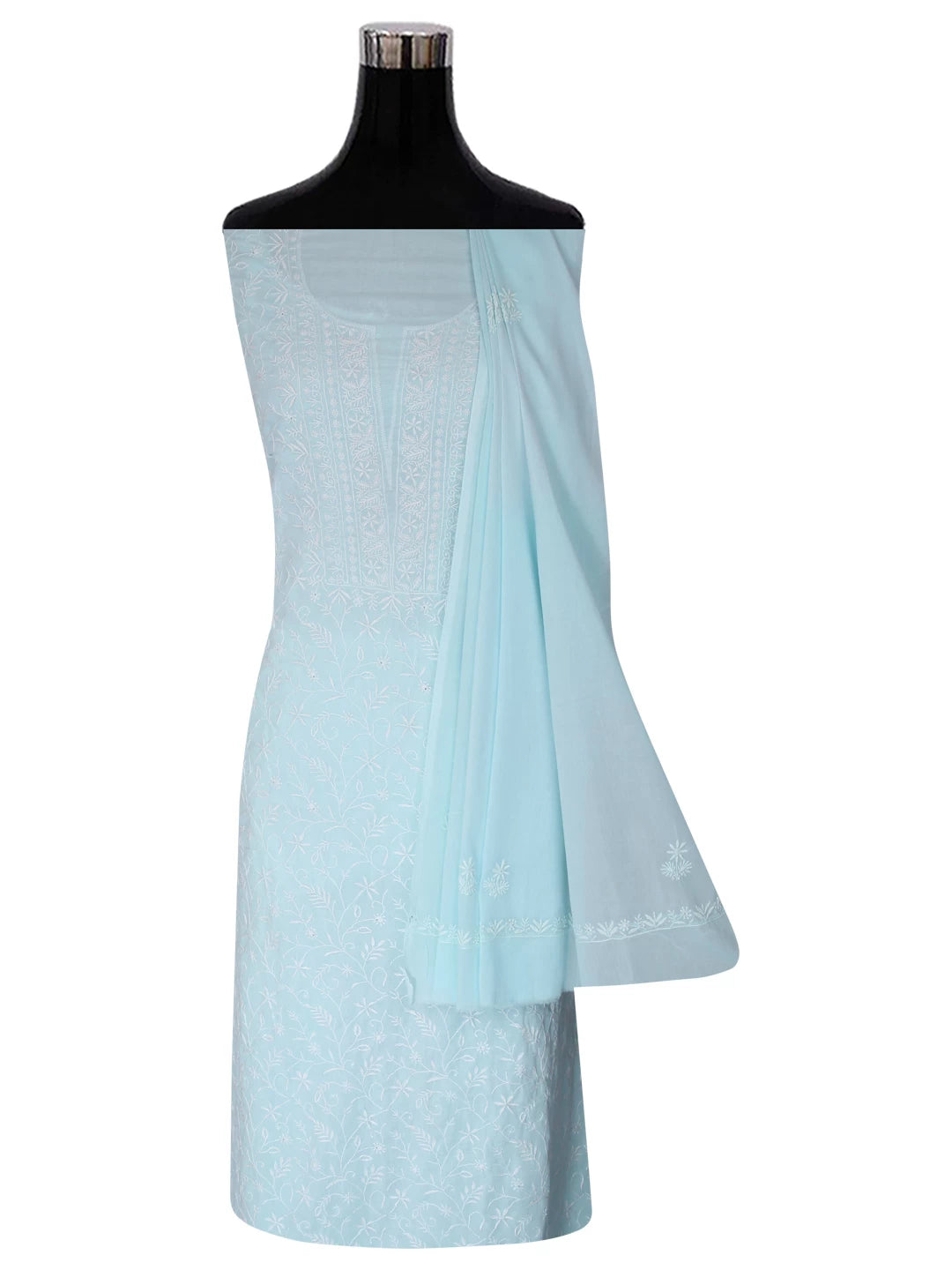 Ada Hand Embroidered Spun Sugar Blue Cotton Lucknowi Chikankari Unstitched Kurta Dupatta Set 01A345044