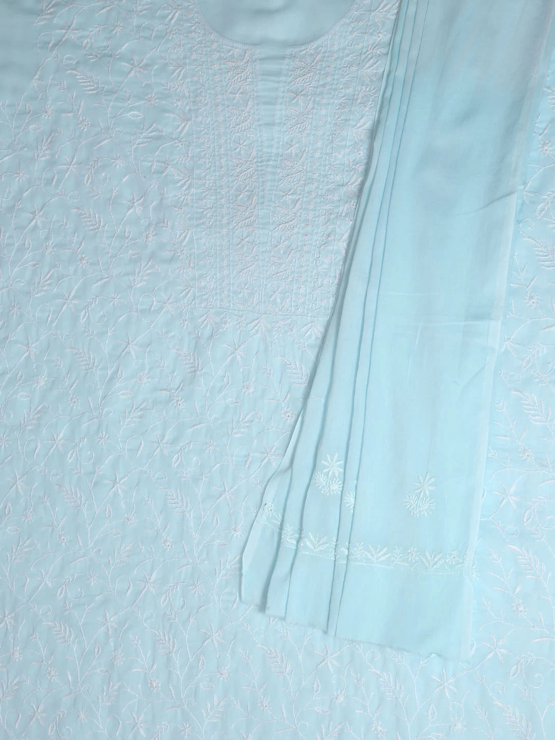 Ada Hand Embroidered Spun Sugar Blue Cotton Lucknowi Chikankari Unstitched Kurta Dupatta Set 01A345044