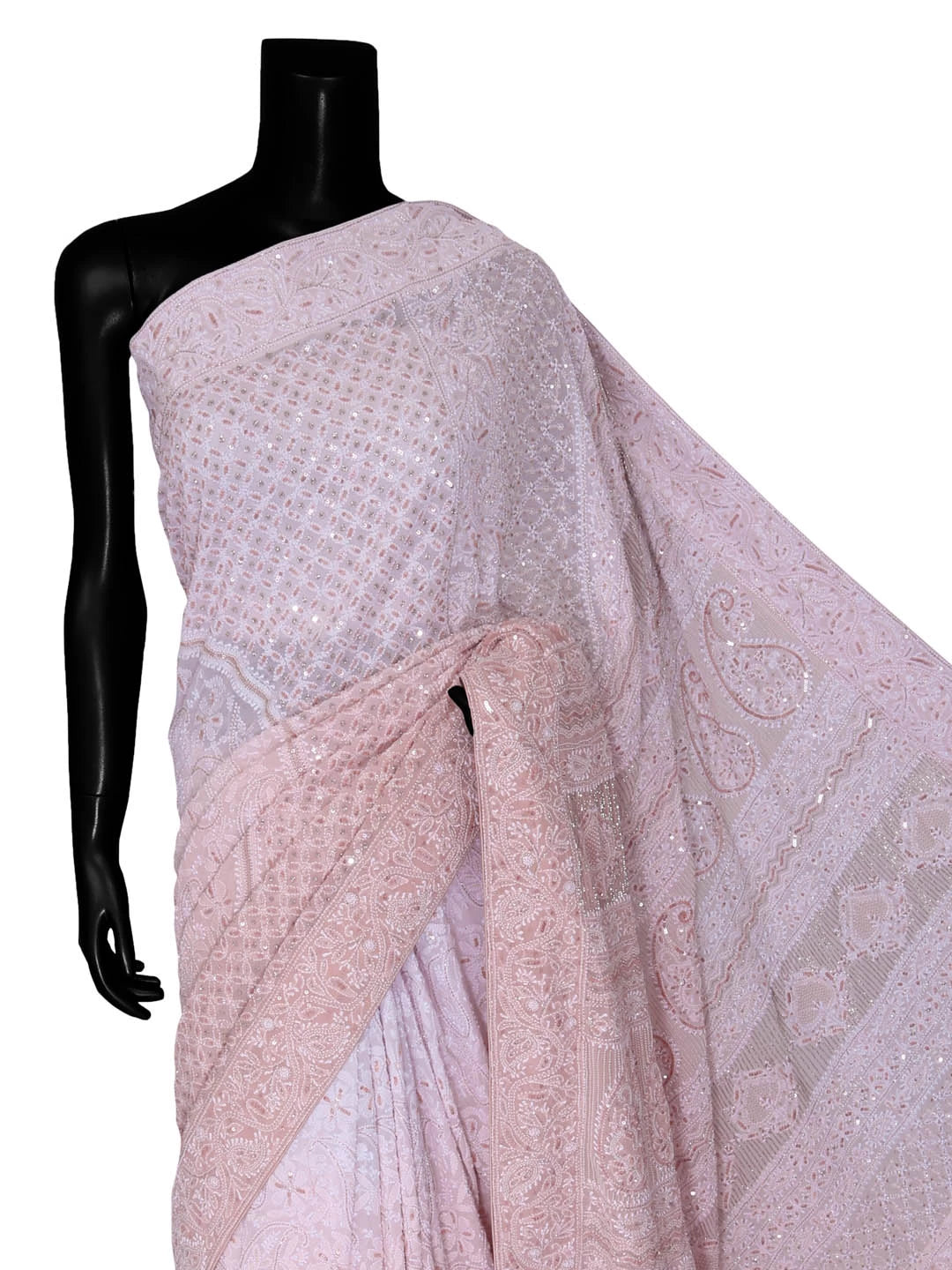 Ada Hand Embroidered Dusty Peach Ombre Shade Pure Georgette Lucknowi Chikankari Saree/Blouse With Cutdana Work 01A368754