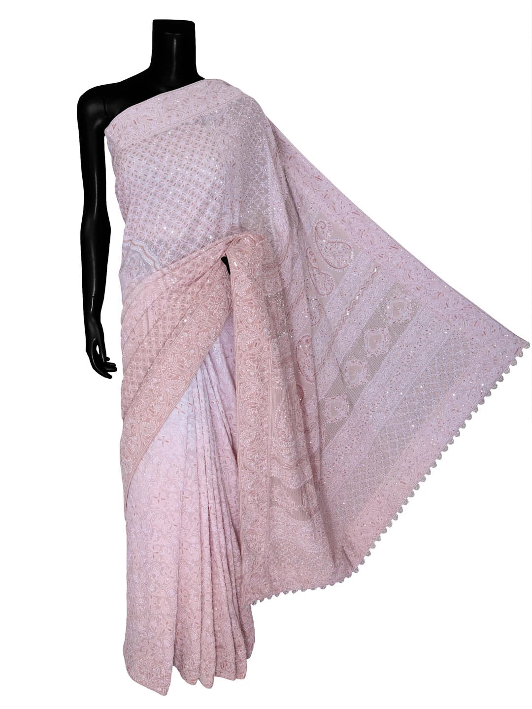 Ada Hand Embroidered Dusty Peach Ombre Shade Pure Georgette Lucknowi Chikankari Saree/Blouse With Cutdana Work 01A368754