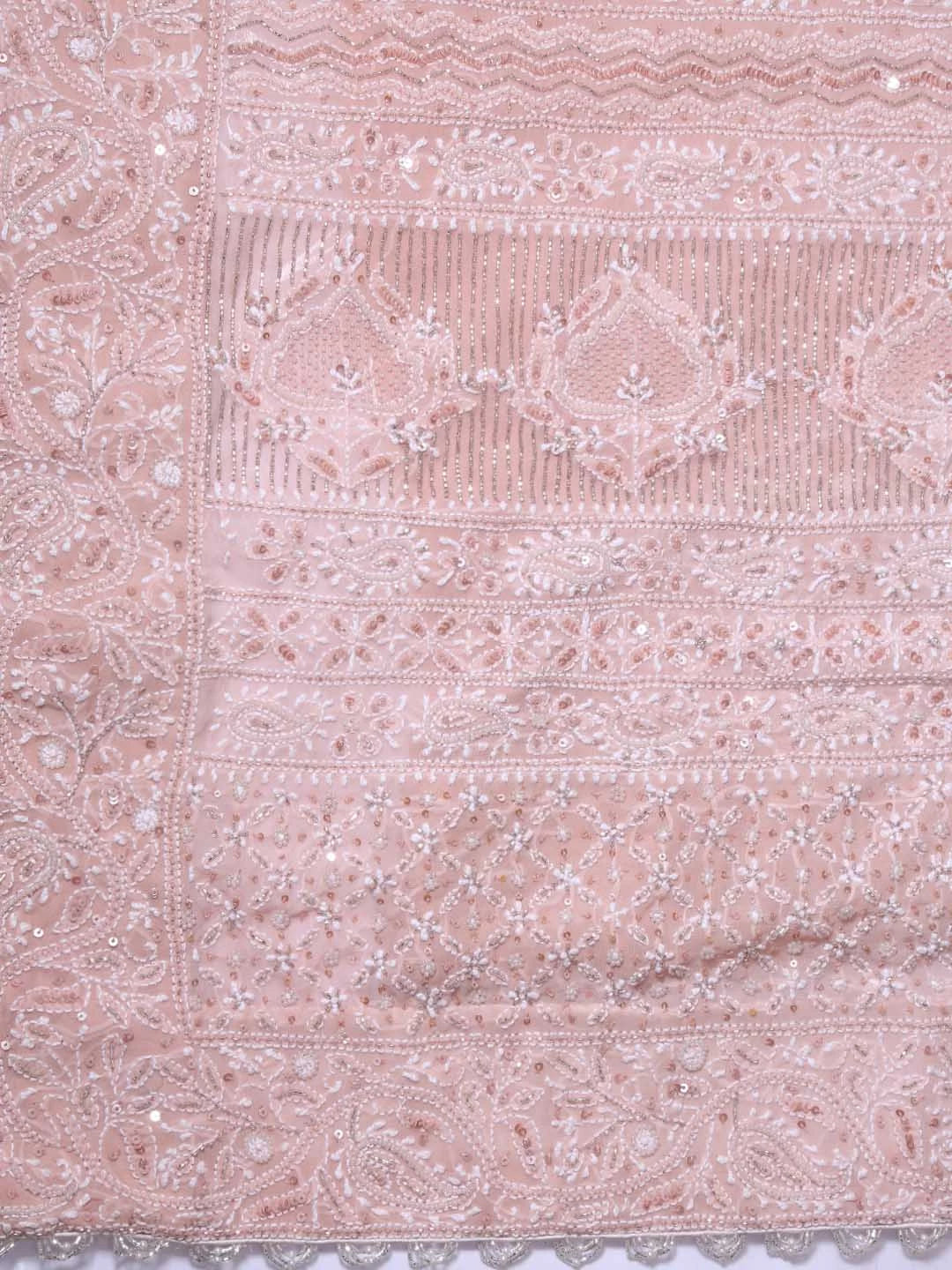 Ada Hand Embroidered Dusty Peach Ombre Shade Pure Georgette Lucknowi Chikankari Saree/Blouse With Cutdana Work 01A368754