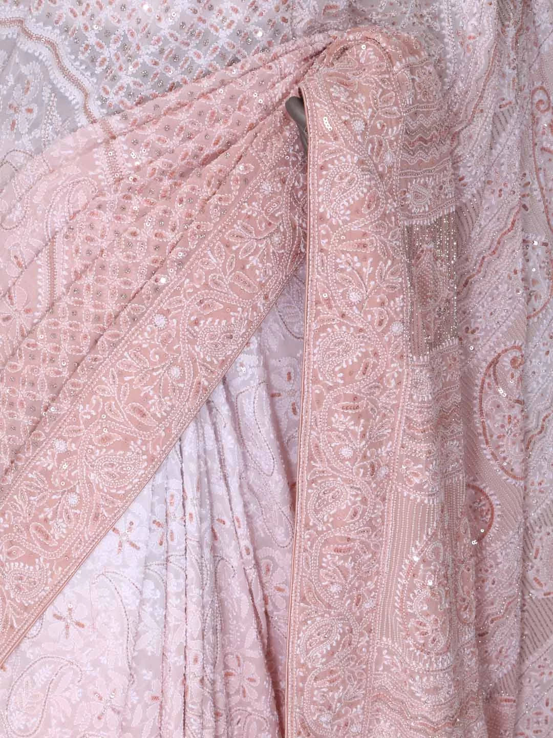 Ada Hand Embroidered Dusty Peach Ombre Shade Pure Georgette Lucknowi Chikankari Saree/Blouse With Cutdana Work 01A368754