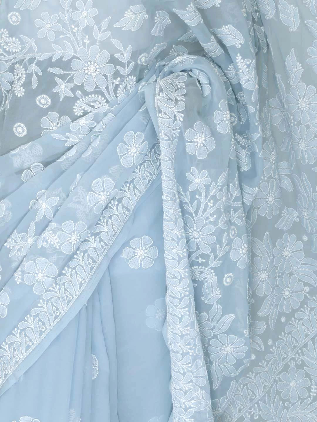 Ada Hand Embroidered Baby Blue Georgette Lucknowi Chikankari Saree With Blouse 01A400492