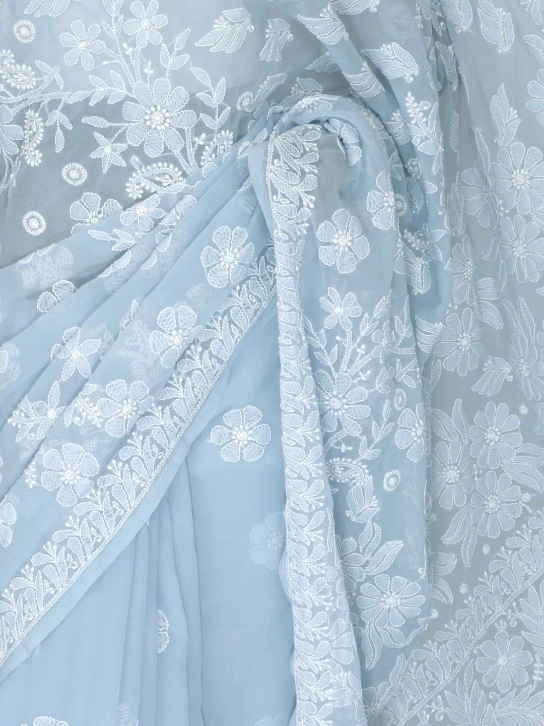 Ada Hand Embroidered Baby Blue Georgette Lucknowi Chikankari Saree With Blouse 01A400492