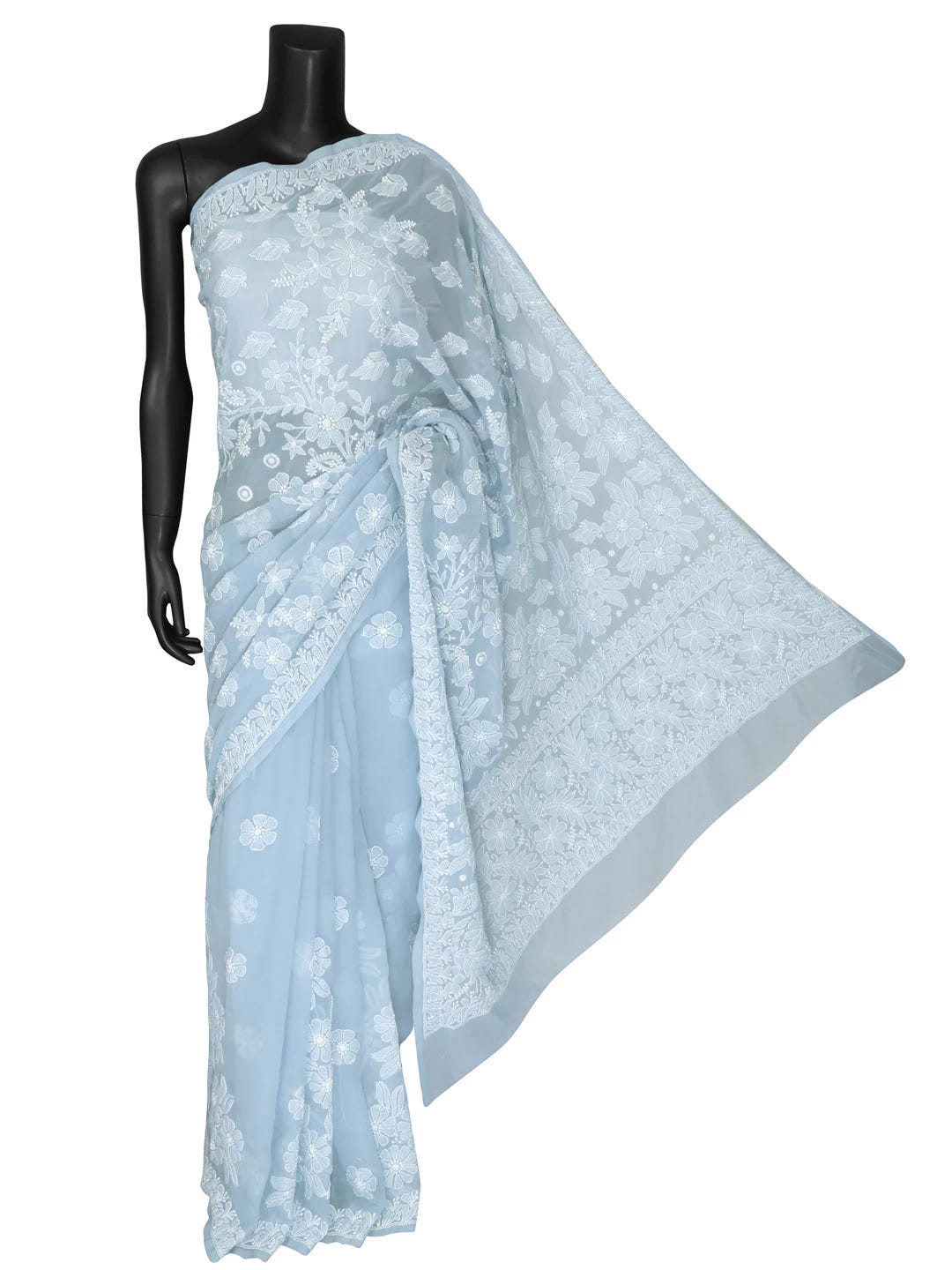 Ada Hand Embroidered Baby Blue Georgette Lucknowi Chikankari Saree With Blouse 01A400492