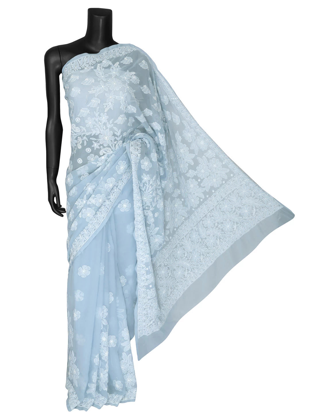 Ada Hand Embroidered Baby Blue Georgette Lucknowi Chikankari Saree With Blouse 01A400492