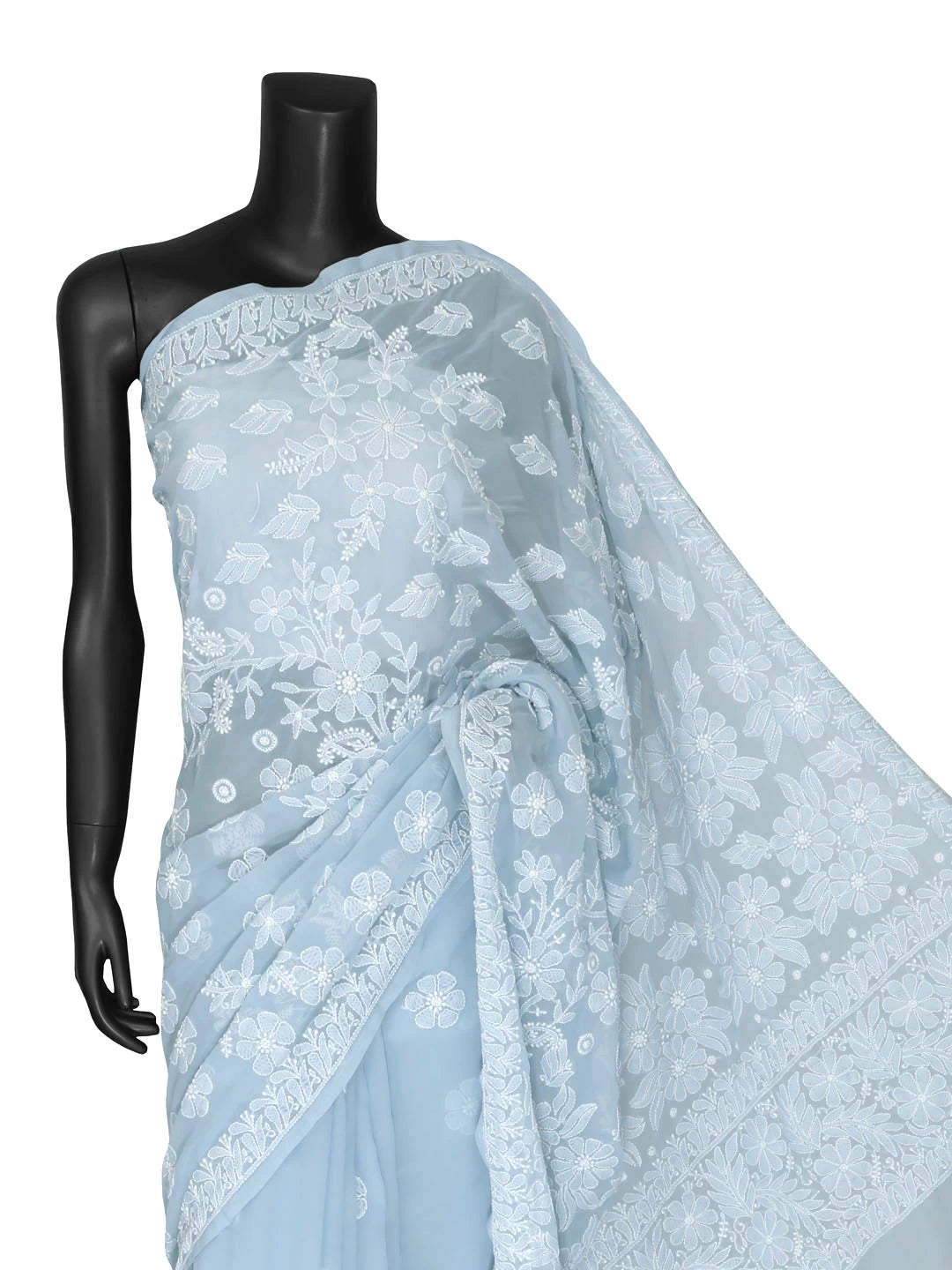 Ada Hand Embroidered Baby Blue Georgette Lucknowi Chikankari Saree With Blouse 01A400492