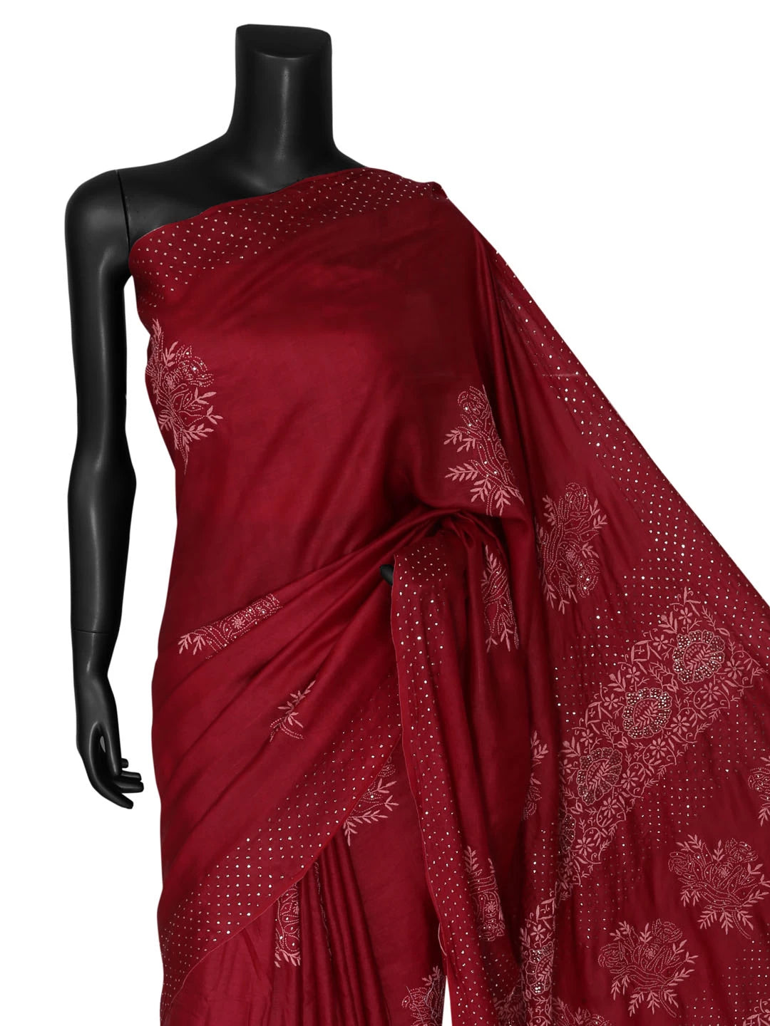 Ada Hand Embroidered Maroon Silk Lucknowi Chikankari Saree With Blouse 01A418249
