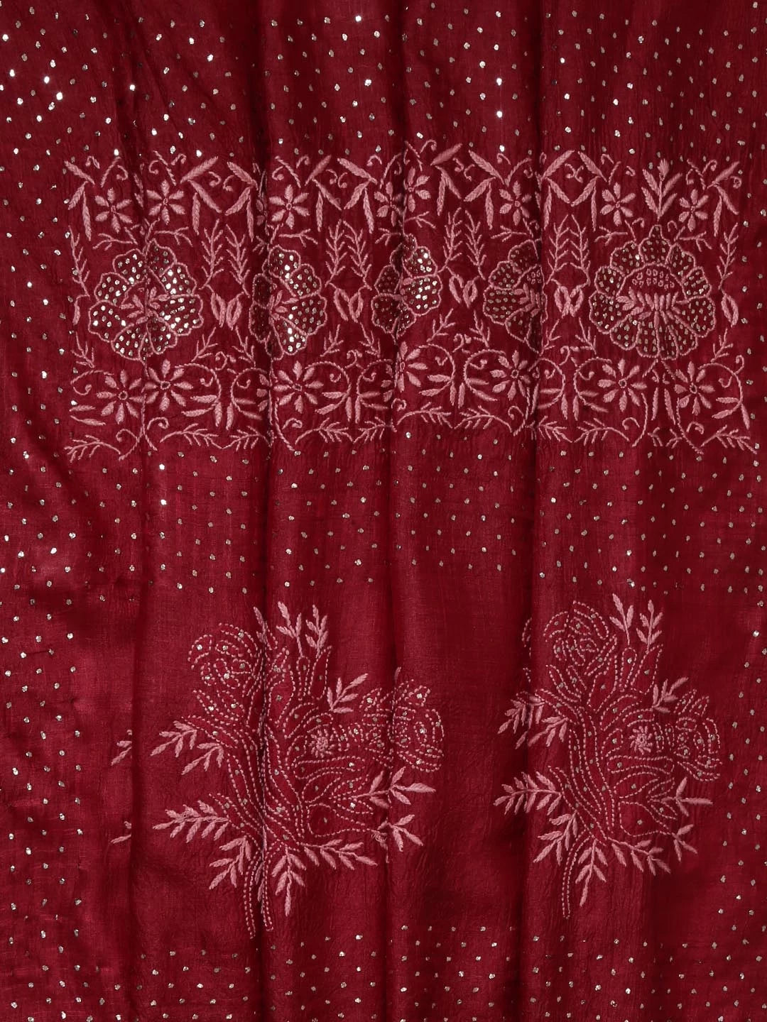 Ada Hand Embroidered Maroon Silk Lucknowi Chikankari Saree With Blouse 01A418249