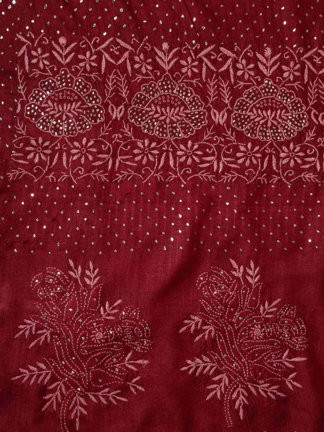 Ada Hand Embroidered Maroon Silk Lucknowi Chikankari Saree With Blouse 01A418249