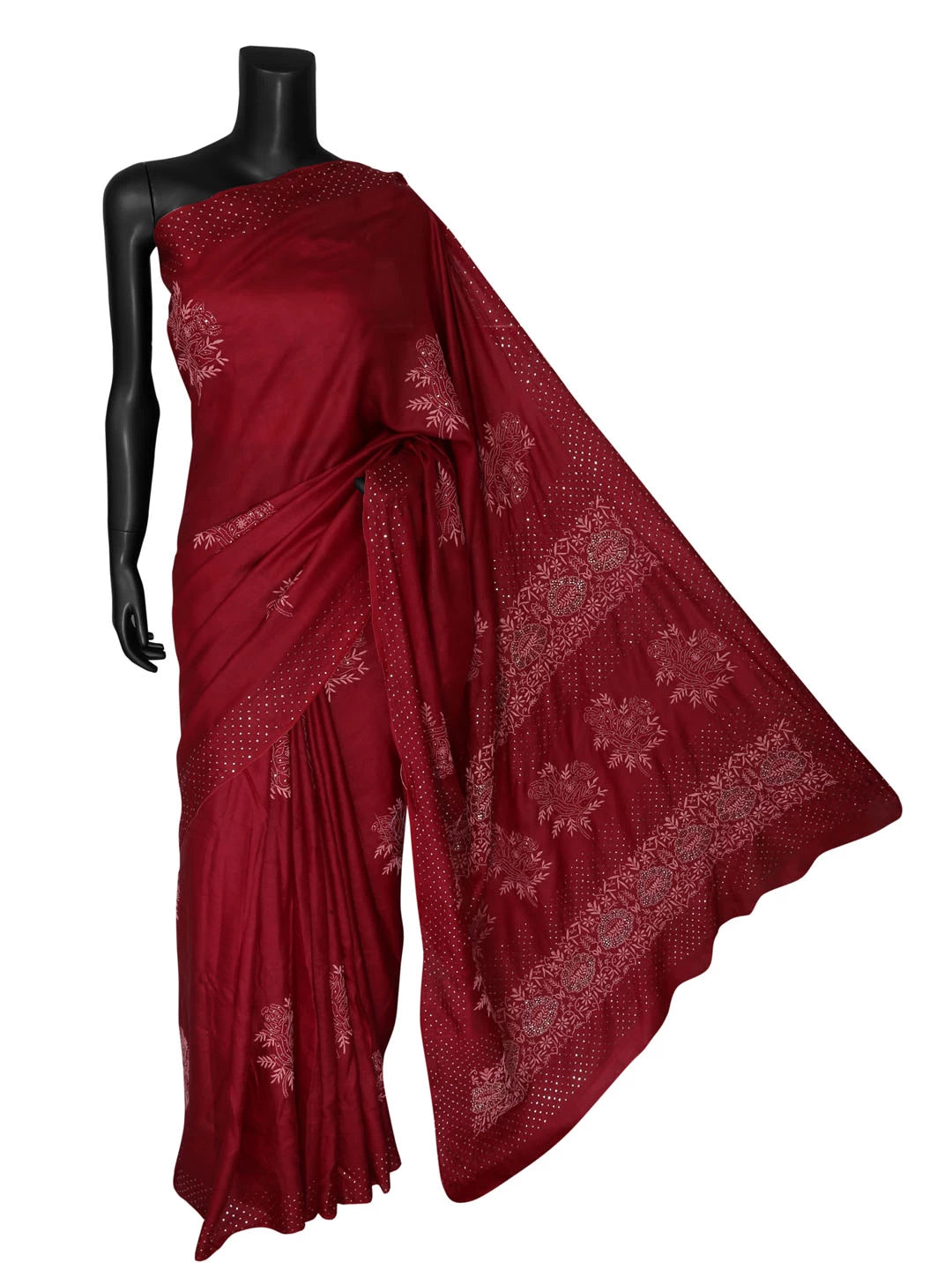 Ada Hand Embroidered Maroon Silk Lucknowi Chikankari Saree With Blouse 01A418249