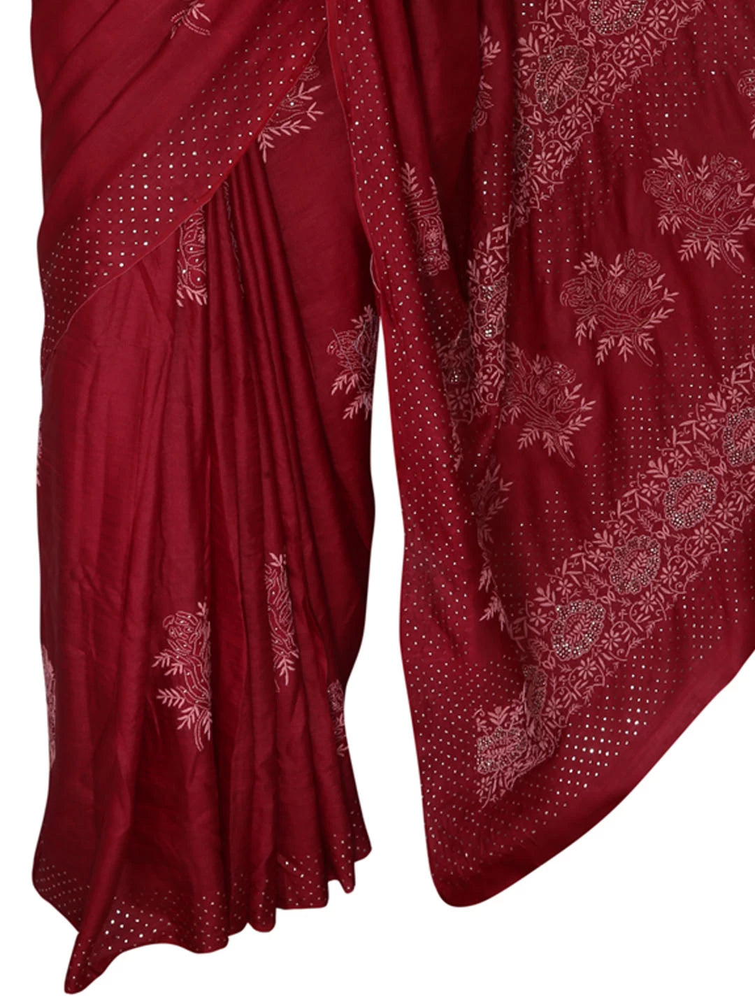 Ada Hand Embroidered Maroon Silk Lucknowi Chikankari Saree With Blouse 01A418249