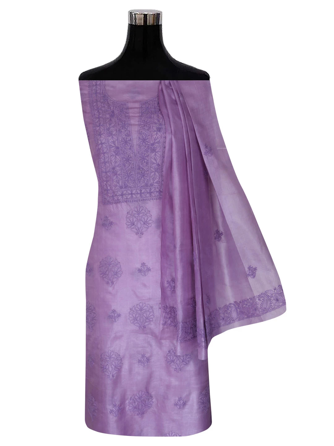 Ada Hand Embroidered Mauve Silk Lucknowi Chikankari Unstitched Kurta Dupatta Set 01A417715