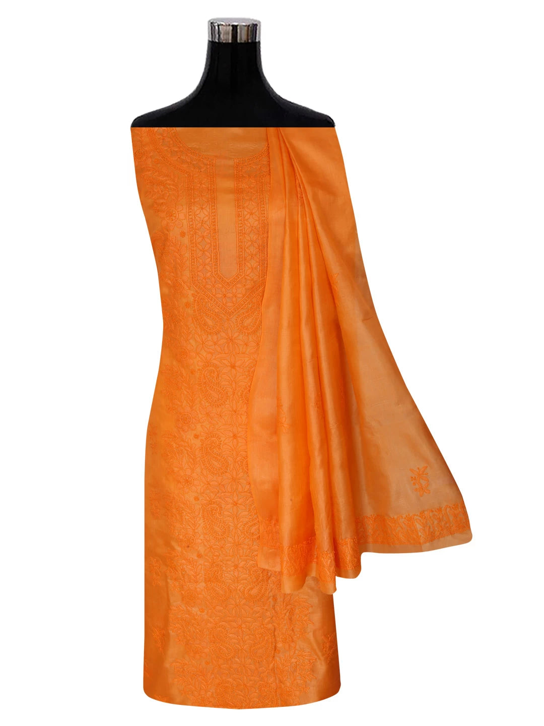 Ada Hand Embroidered Orange Silk Lucknowi Chikankari Unstitched Kurta Dupatta Set 01A417709