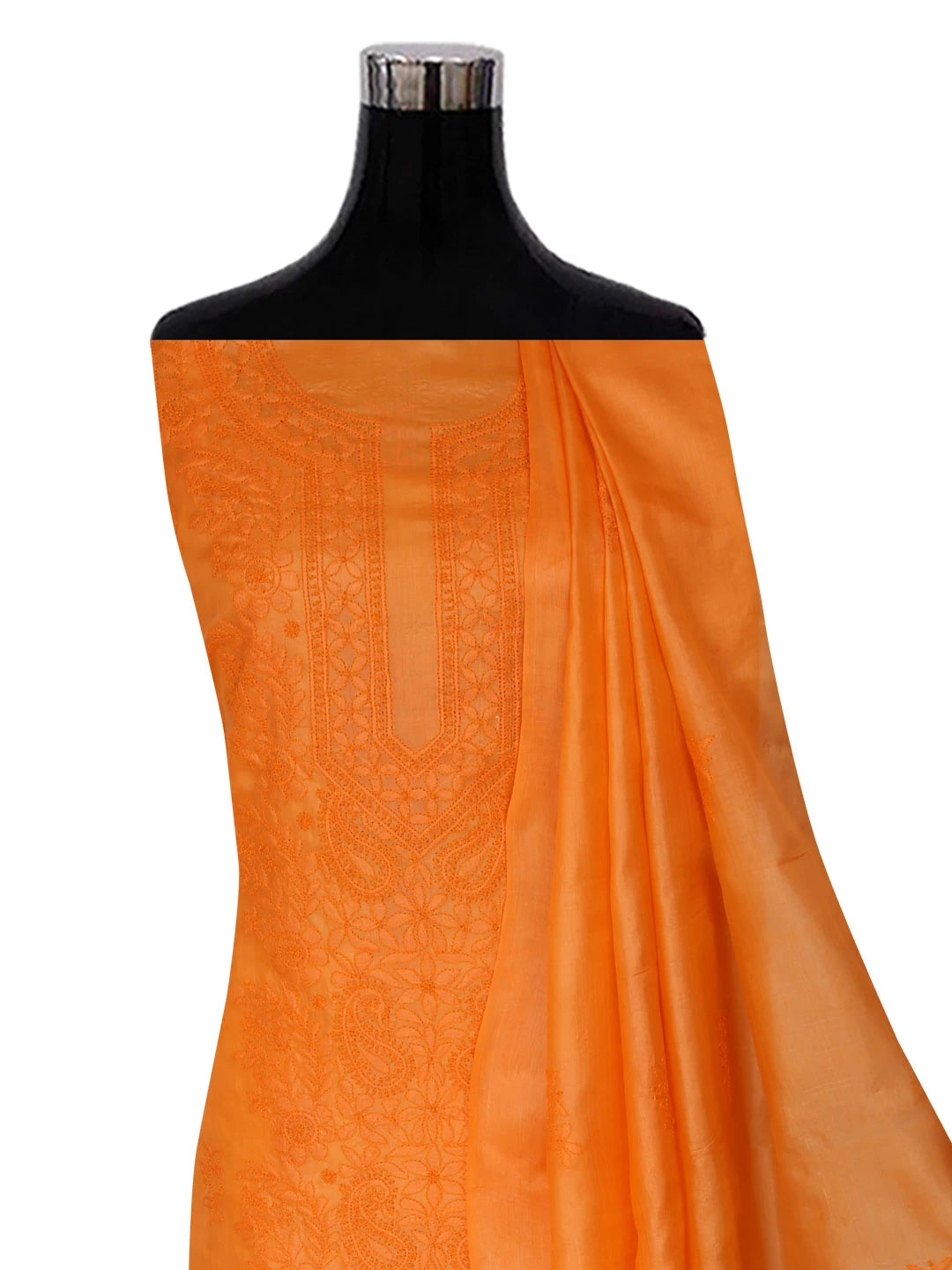 Ada Hand Embroidered Orange Silk Lucknowi Chikankari Unstitched Kurta Dupatta Set 01A417709