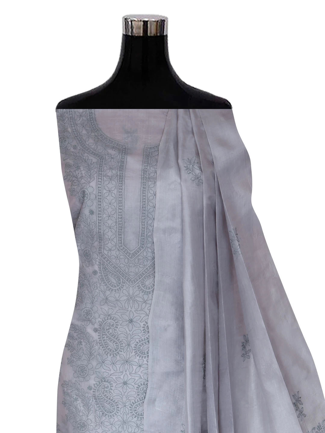 Ada Hand Embroidered Silver Grey Silk Lucknowi Chikankari Unstitched Kurta Dupatta Set 01A417705