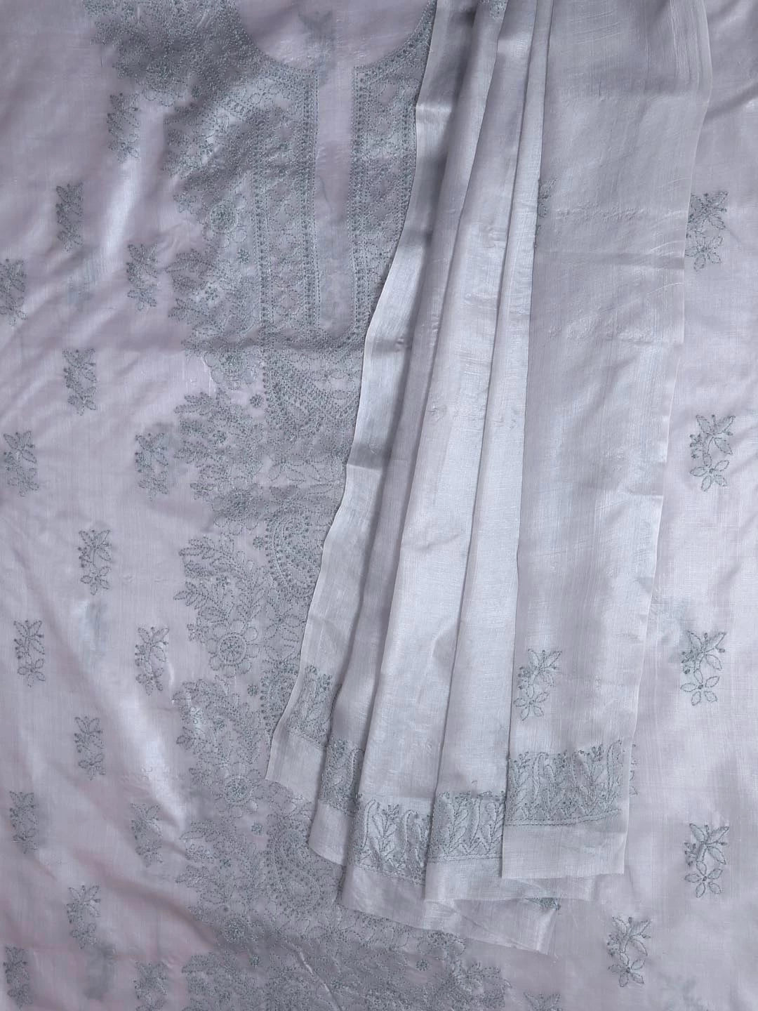 Ada Hand Embroidered Silver Grey Silk Lucknowi Chikankari Unstitched Kurta Dupatta Set 01A417705