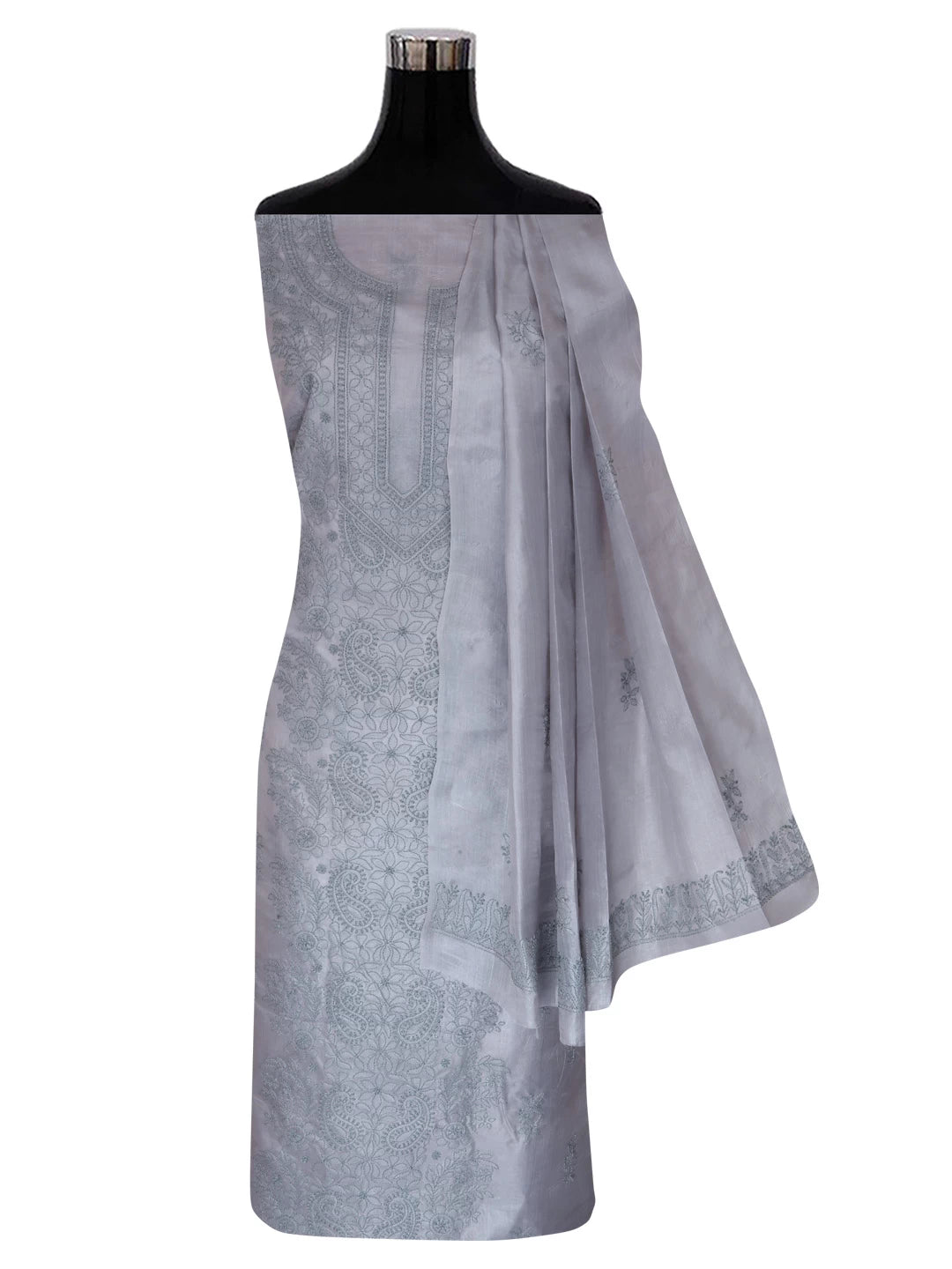 Ada Hand Embroidered Silver Grey Silk Lucknowi Chikankari Unstitched Kurta Dupatta Set 01A417705