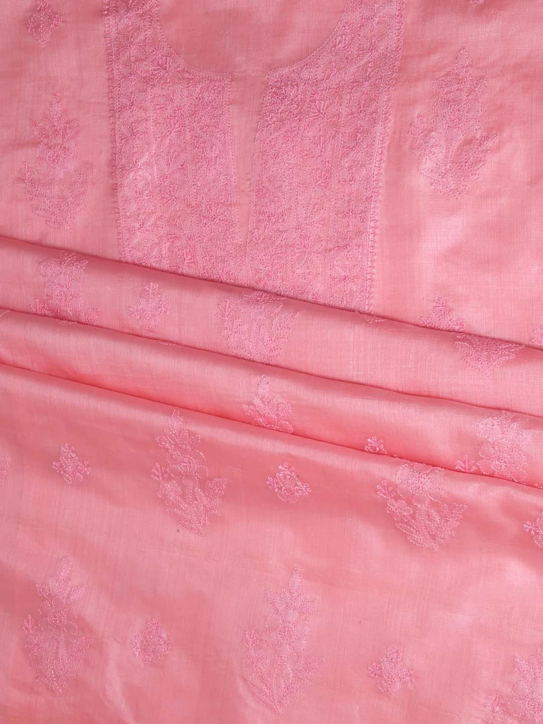 Ada Hand Embroidered Salmon Pink Silk Lucknowi Chikankari Unstitched Kurta Dupatta Set 01A417712
