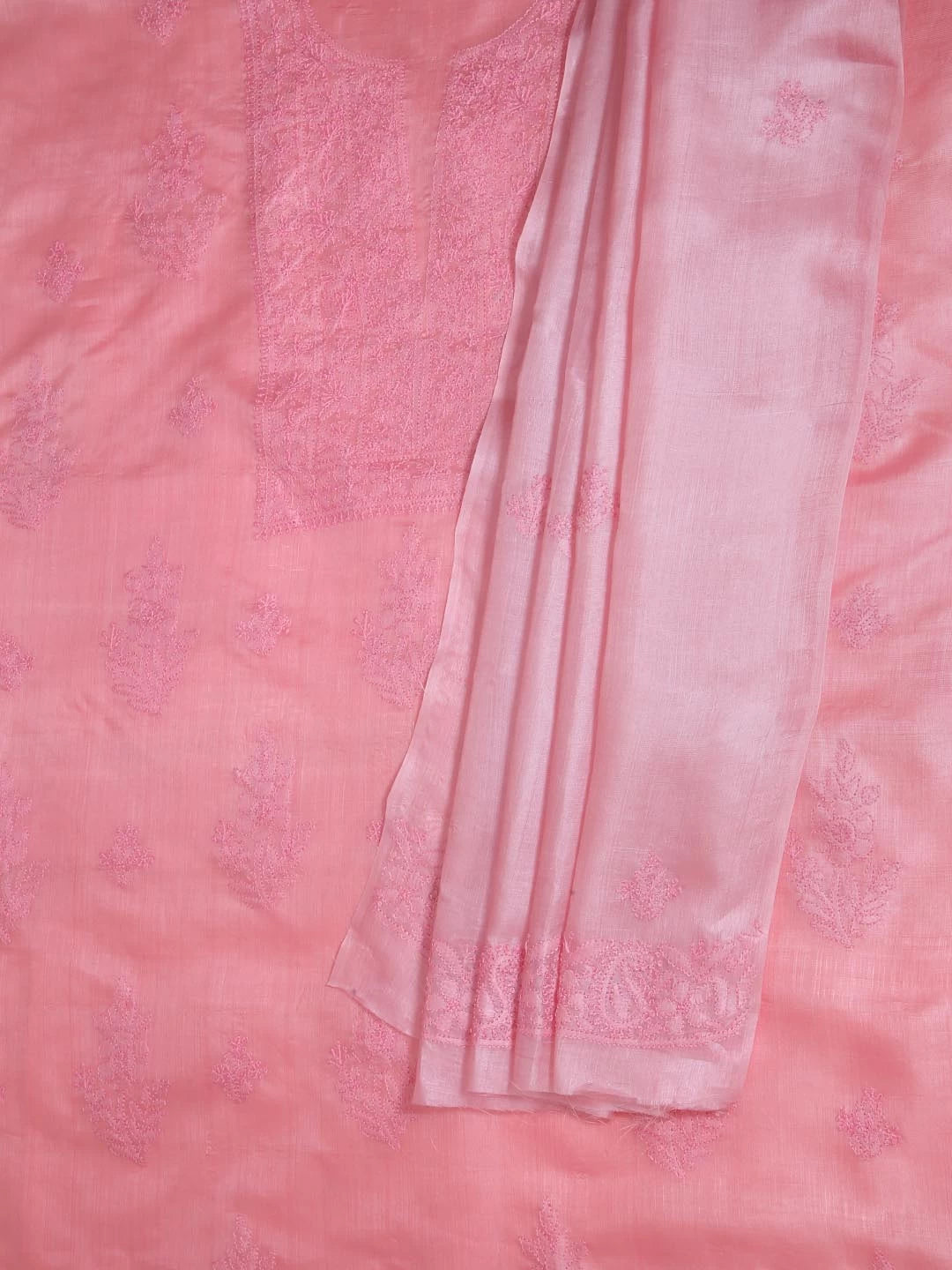 Ada Hand Embroidered Salmon Pink Silk Lucknowi Chikankari Unstitched Kurta Dupatta Set 01A417712