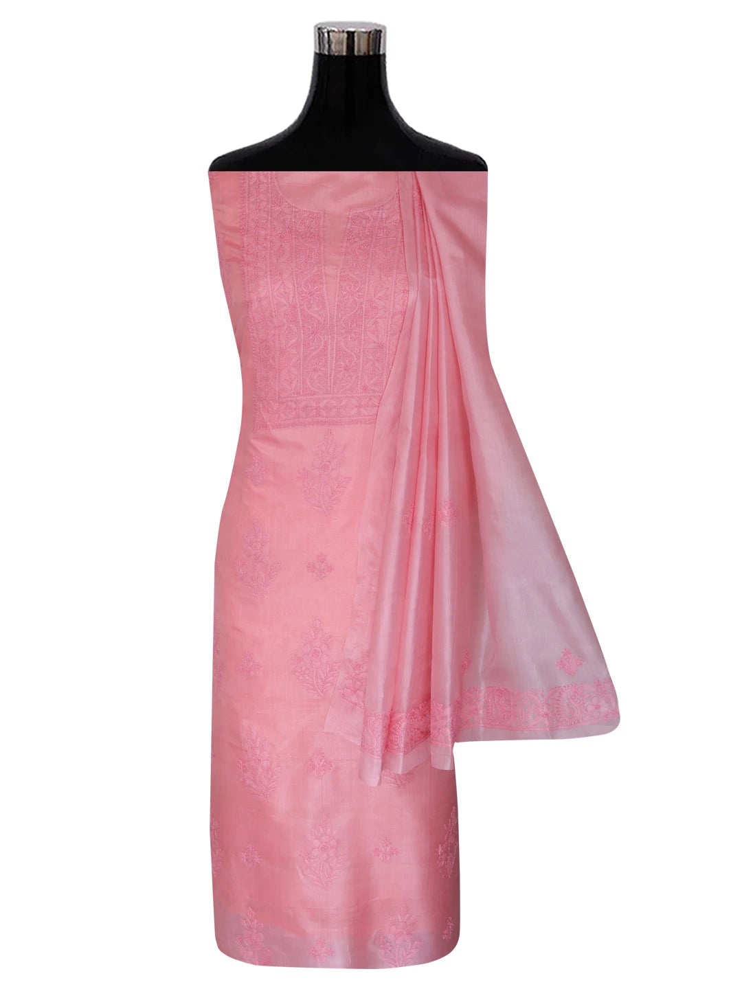 Ada Hand Embroidered Salmon Pink Silk Lucknowi Chikankari Unstitched Kurta Dupatta Set 01A417712