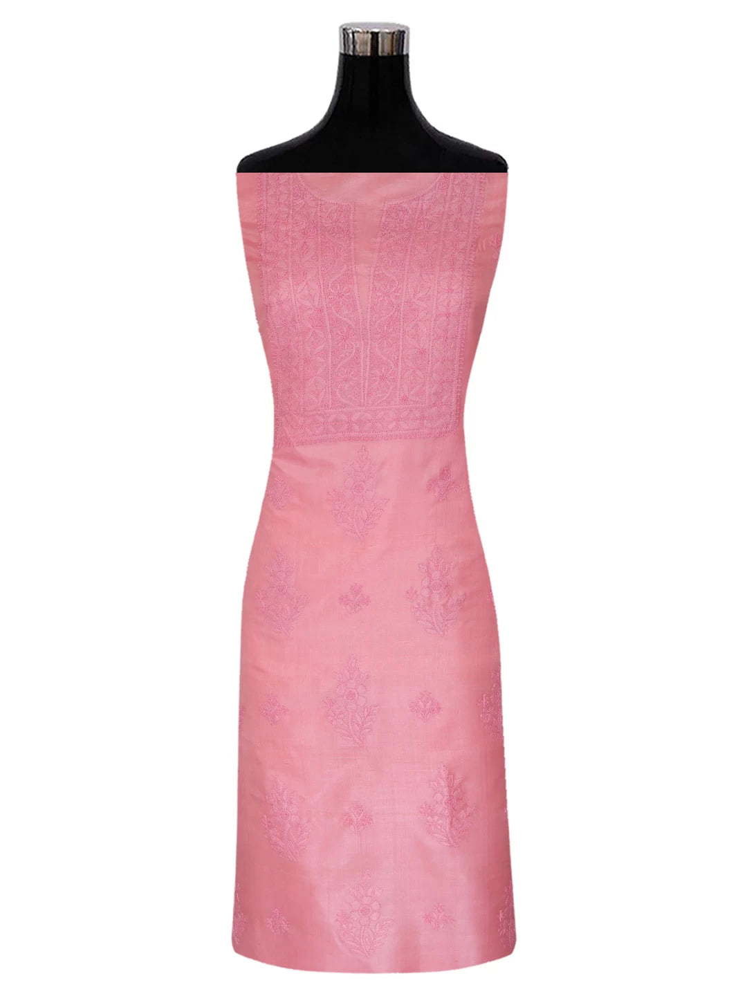 Ada Hand Embroidered Salmon Pink Silk Lucknowi Chikankari Unstitched Kurta Dupatta Set 01A417712