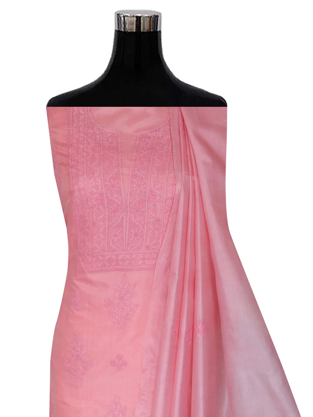 Ada Hand Embroidered Salmon Pink Silk Lucknowi Chikankari Unstitched Kurta Dupatta Set 01A417712