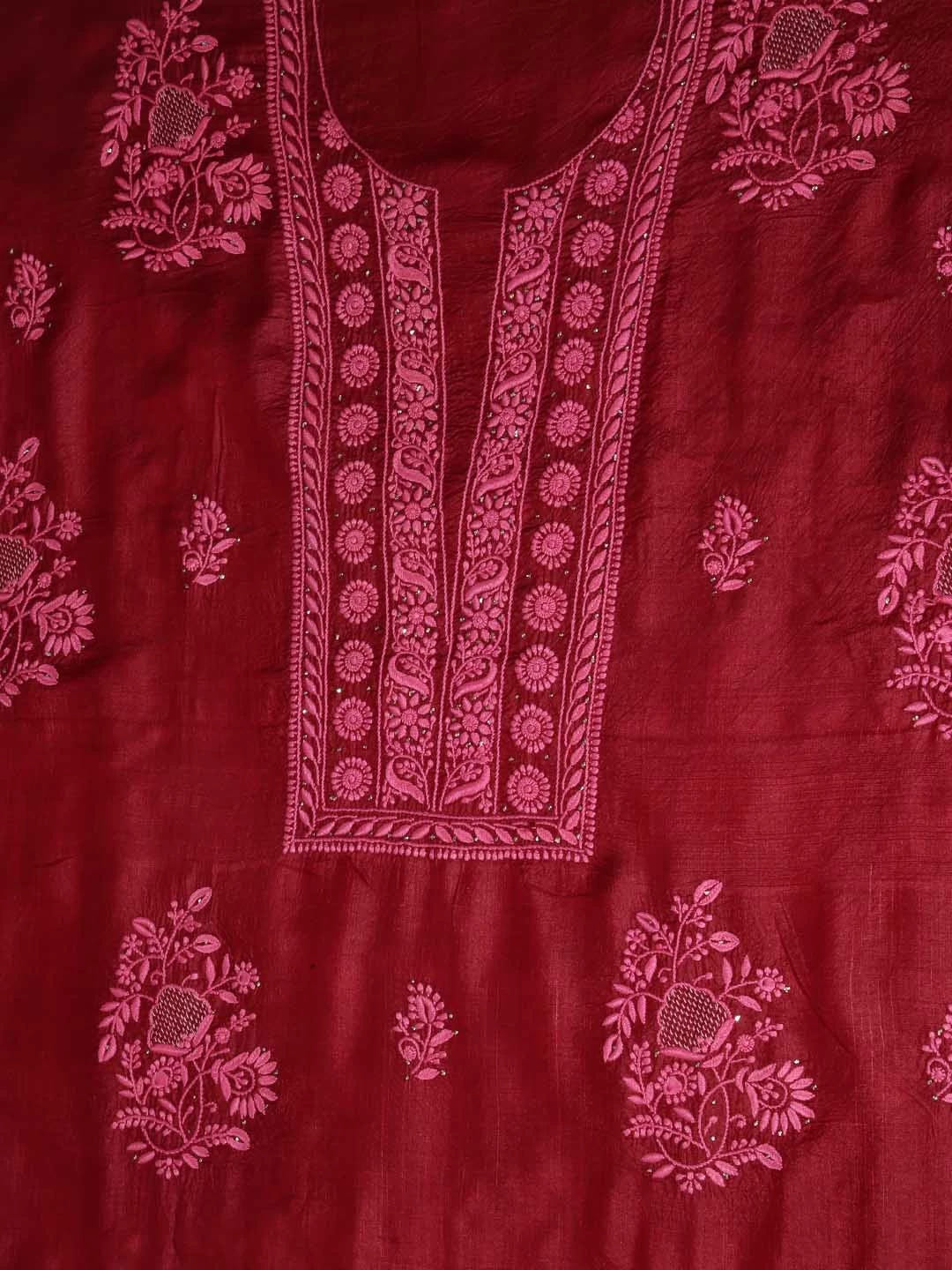 Ada Hand Embroidered Maroon Silk Lucknowi Chikankari Unstitched Kurta Dupatta Set 01A418365