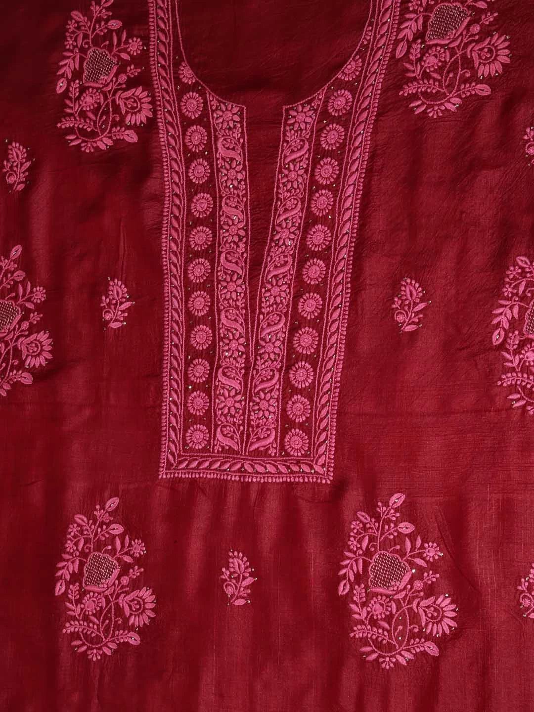 Ada Hand Embroidered Maroon Silk Lucknowi Chikankari Unstitched Kurta Dupatta Set 01A418365