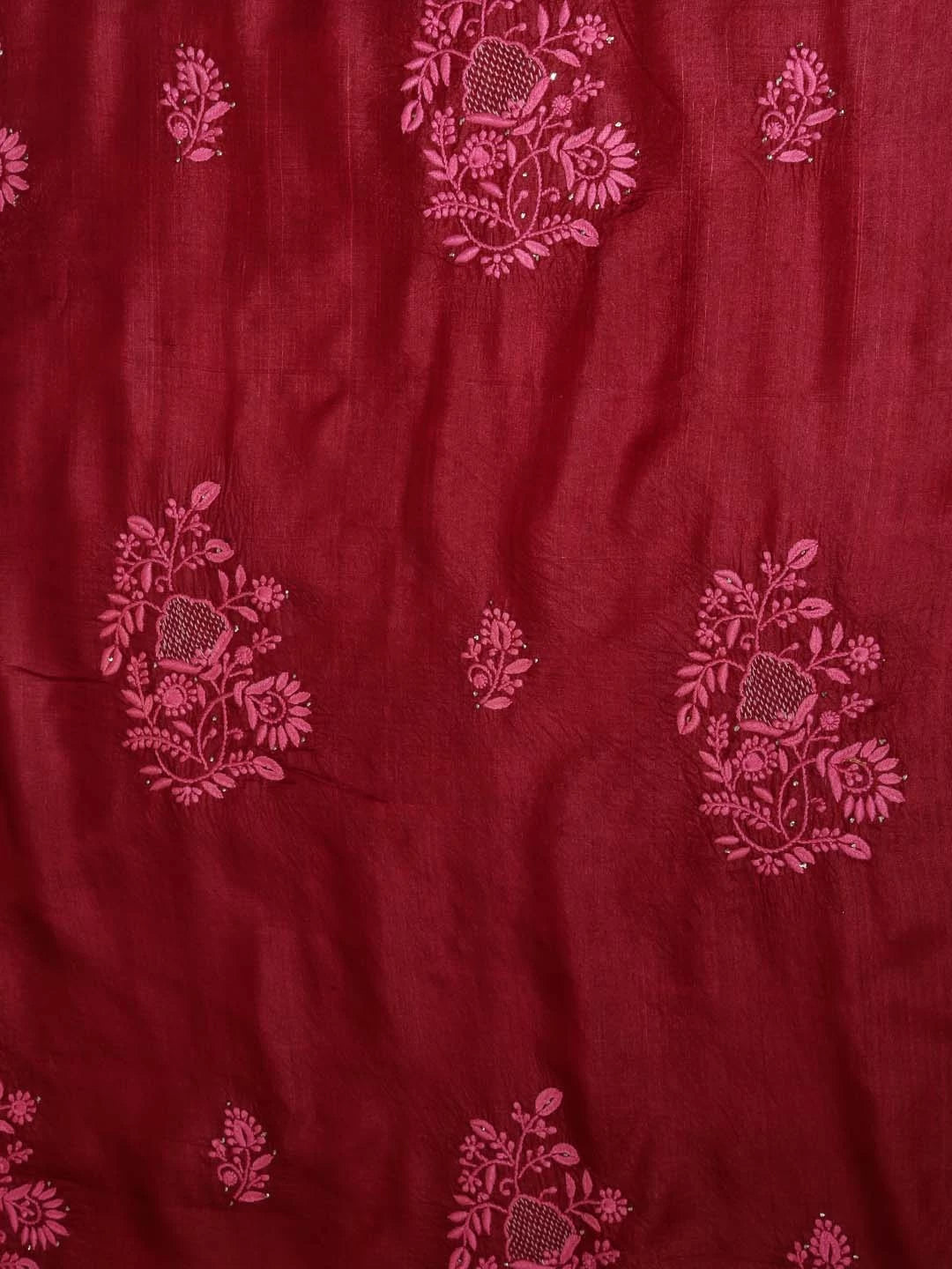 Ada Hand Embroidered Maroon Silk Lucknowi Chikankari Unstitched Kurta Dupatta Set 01A418365