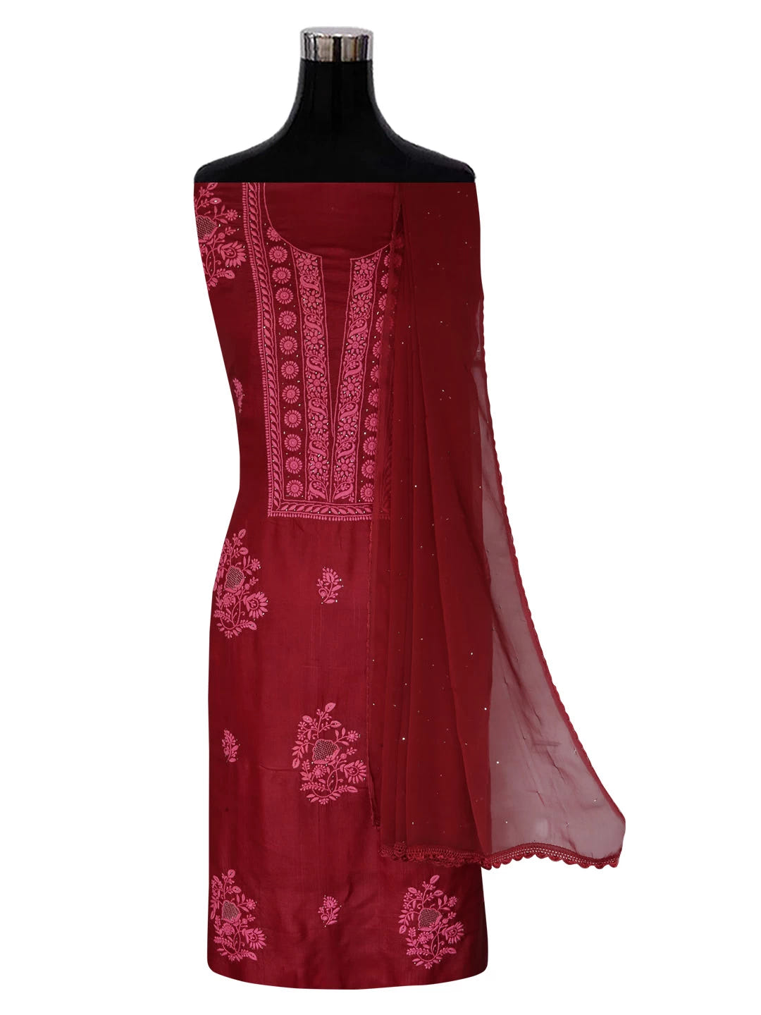 Ada Hand Embroidered Maroon Silk Lucknowi Chikankari Unstitched Kurta Dupatta Set 01A418365