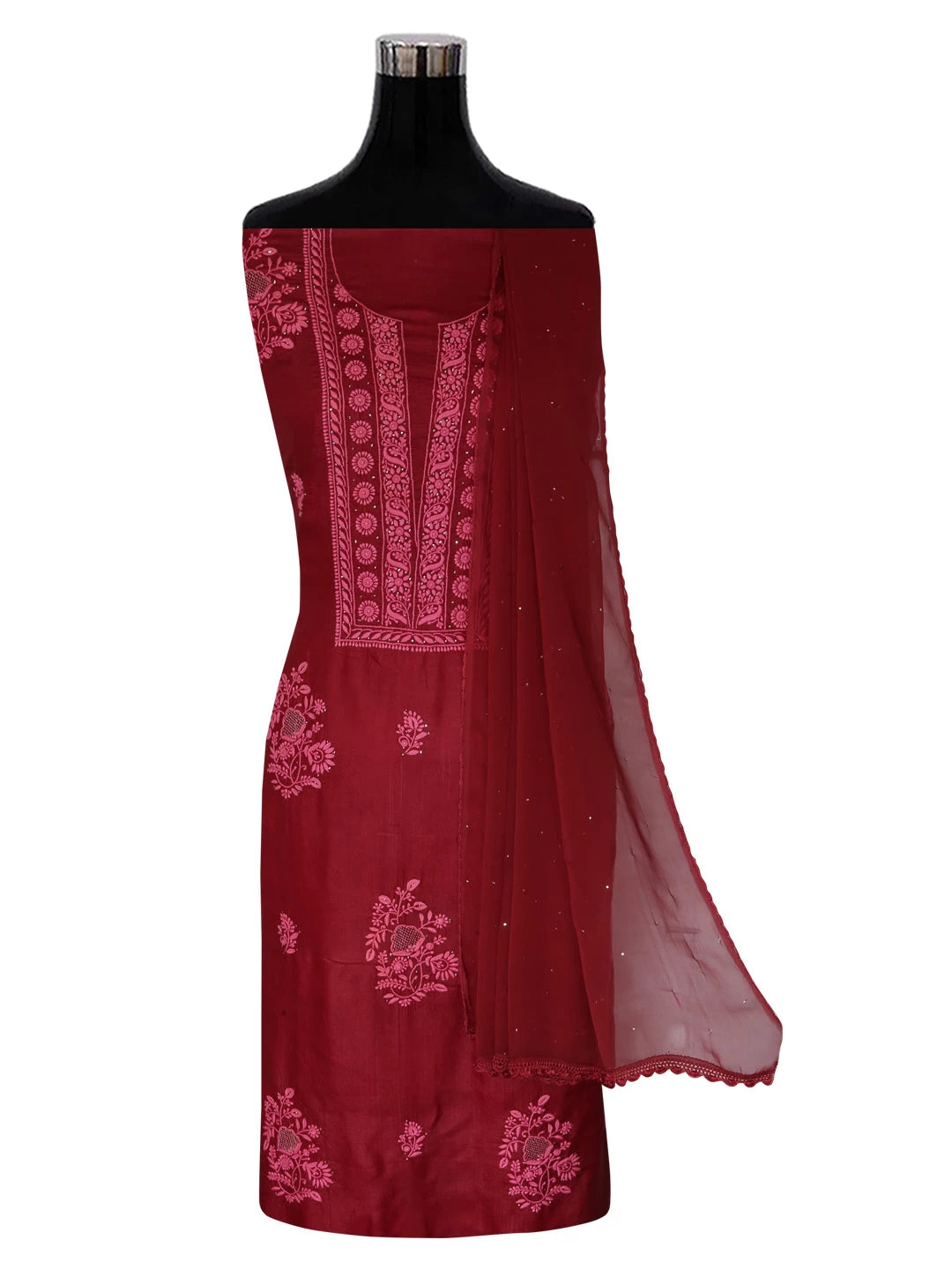Ada Hand Embroidered Maroon Silk Lucknowi Chikankari Unstitched Kurta Dupatta Set 01A418365
