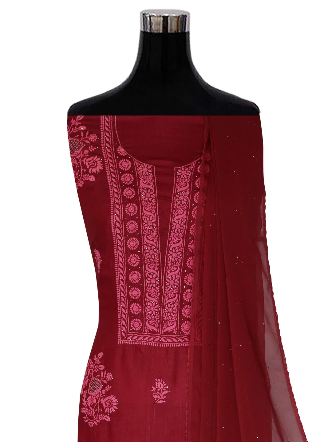 Ada Hand Embroidered Maroon Silk Lucknowi Chikankari Unstitched Kurta Dupatta Set 01A418365