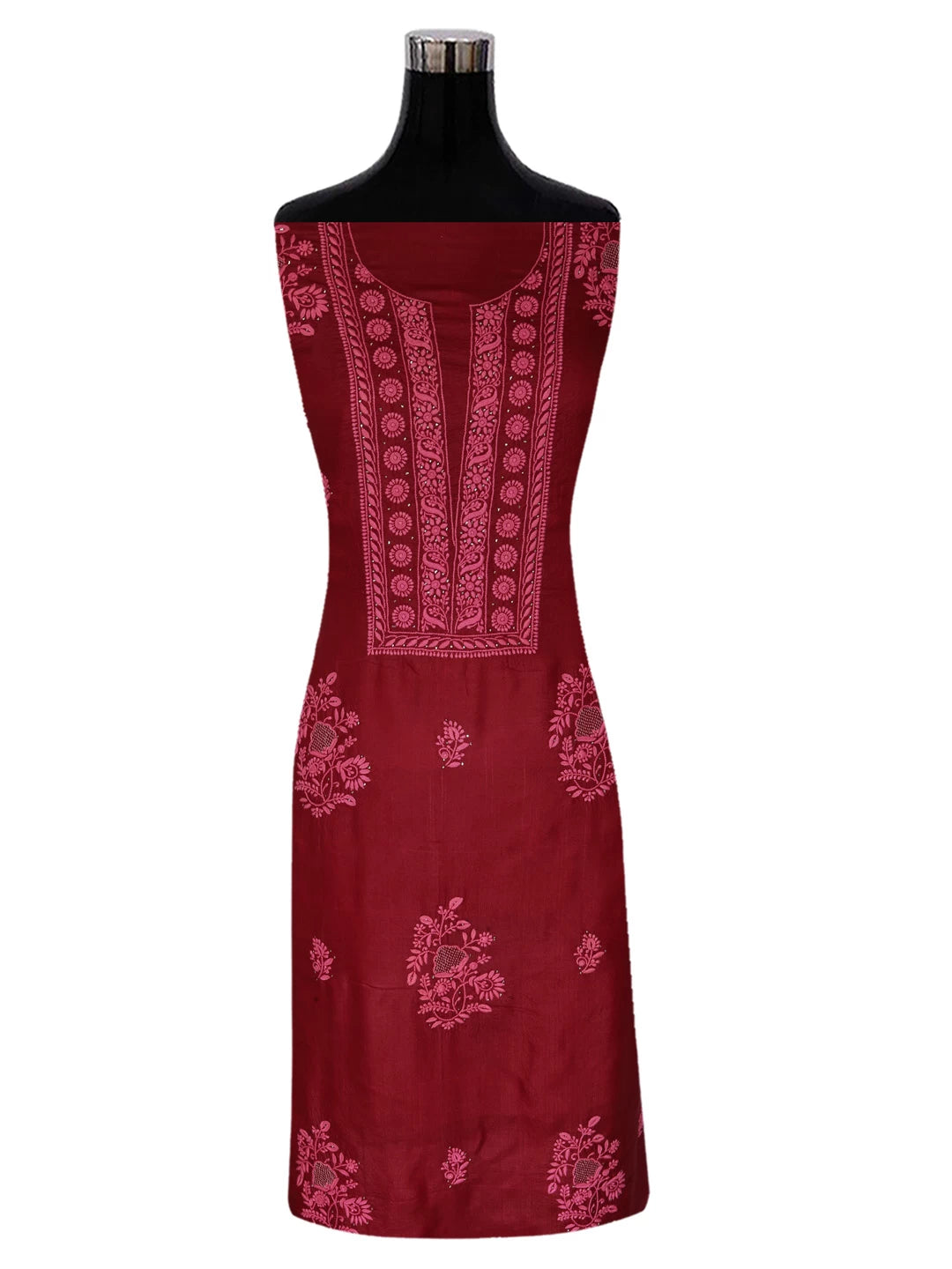 Ada Hand Embroidered Maroon Silk Lucknowi Chikankari Unstitched Kurta Dupatta Set 01A418365