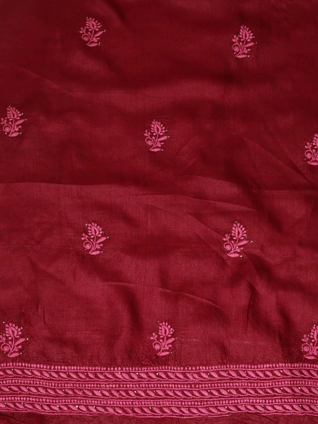 Ada Hand Embroidered Maroon Silk Lucknowi Chikankari Unstitched Kurta Dupatta Set 01A418365
