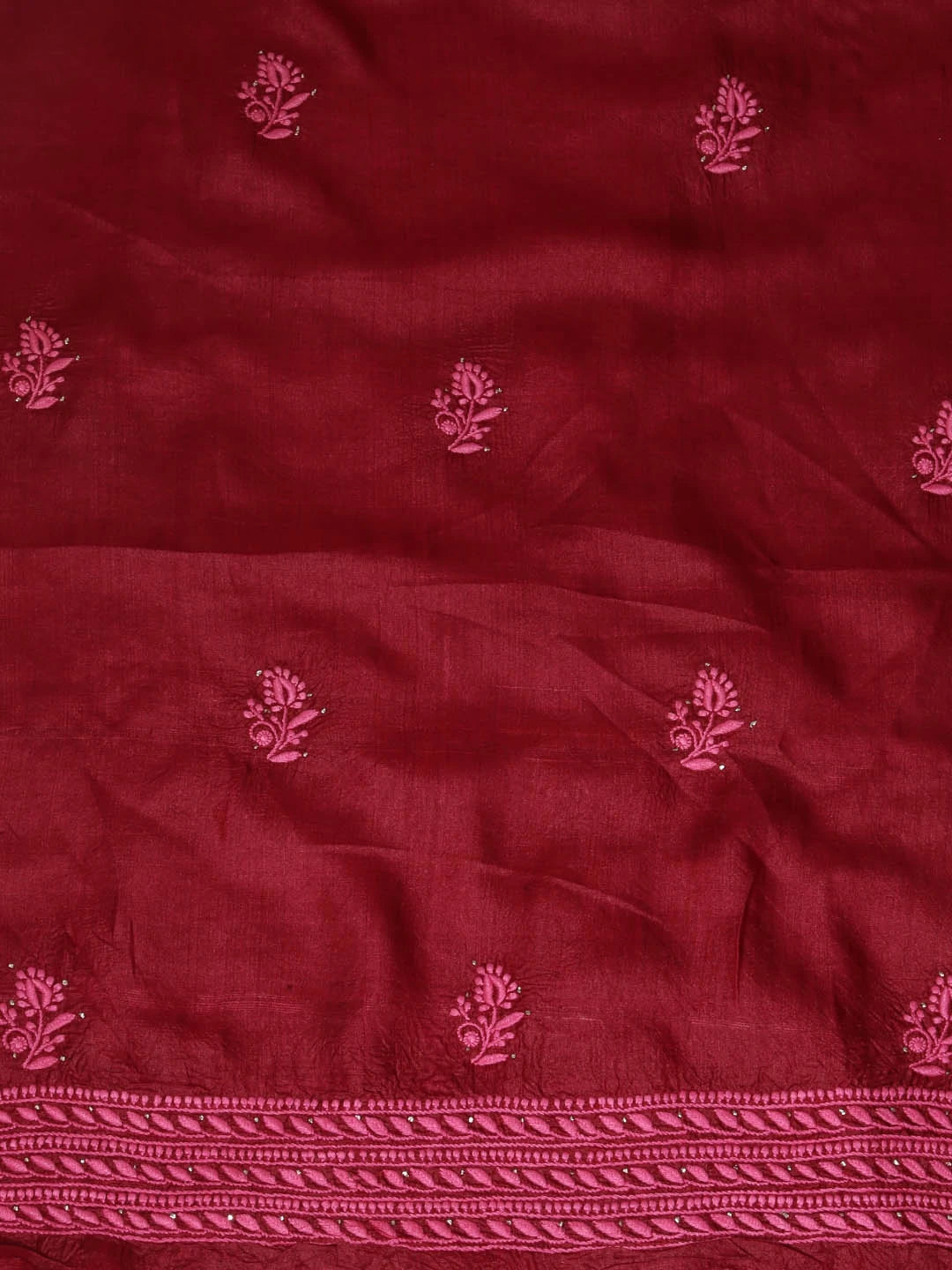 Ada Hand Embroidered Maroon Silk Lucknowi Chikankari Unstitched Kurta Dupatta Set 01A418365