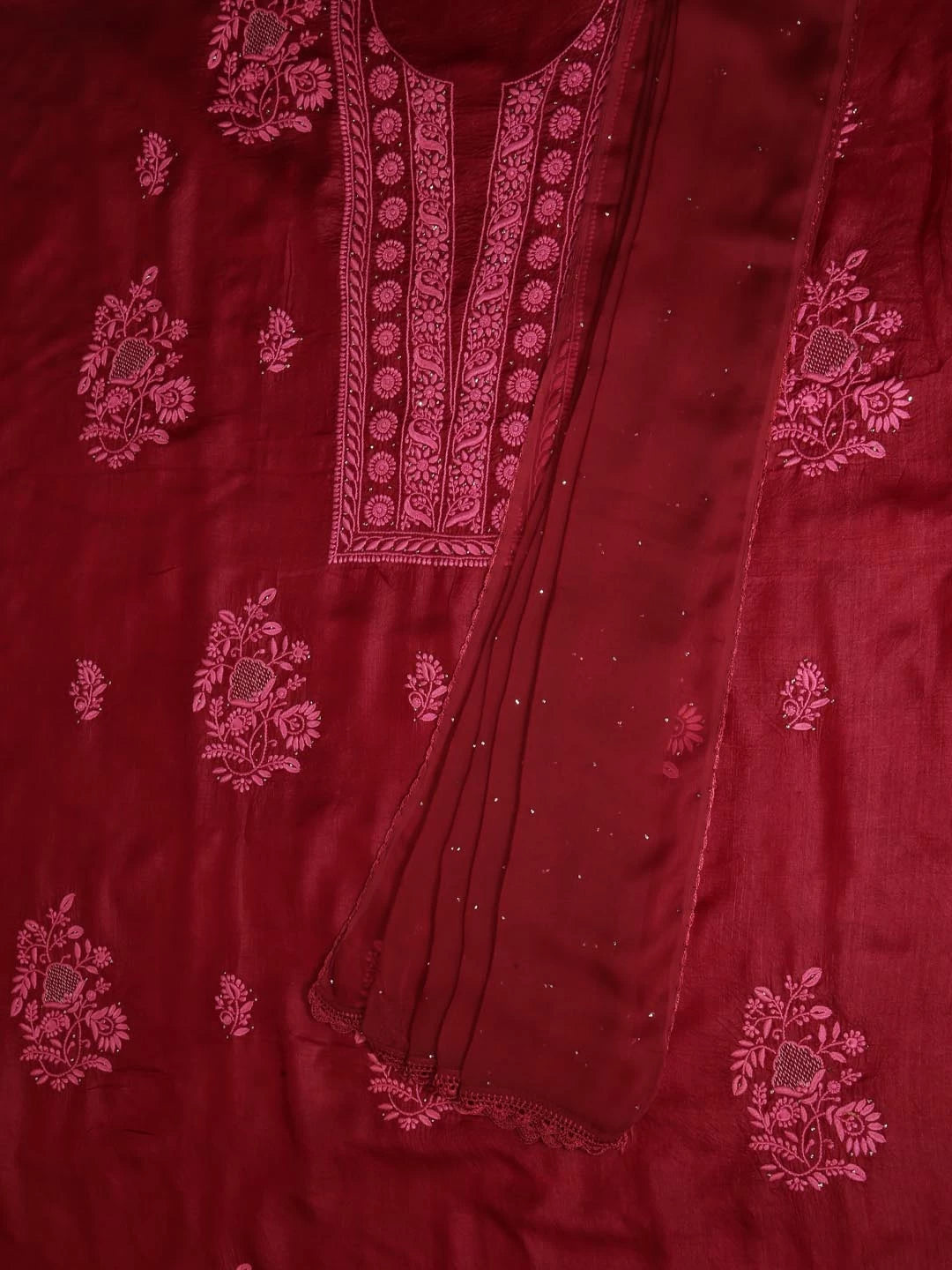 Ada Hand Embroidered Maroon Silk Lucknowi Chikankari Unstitched Kurta Dupatta Set 01A418365