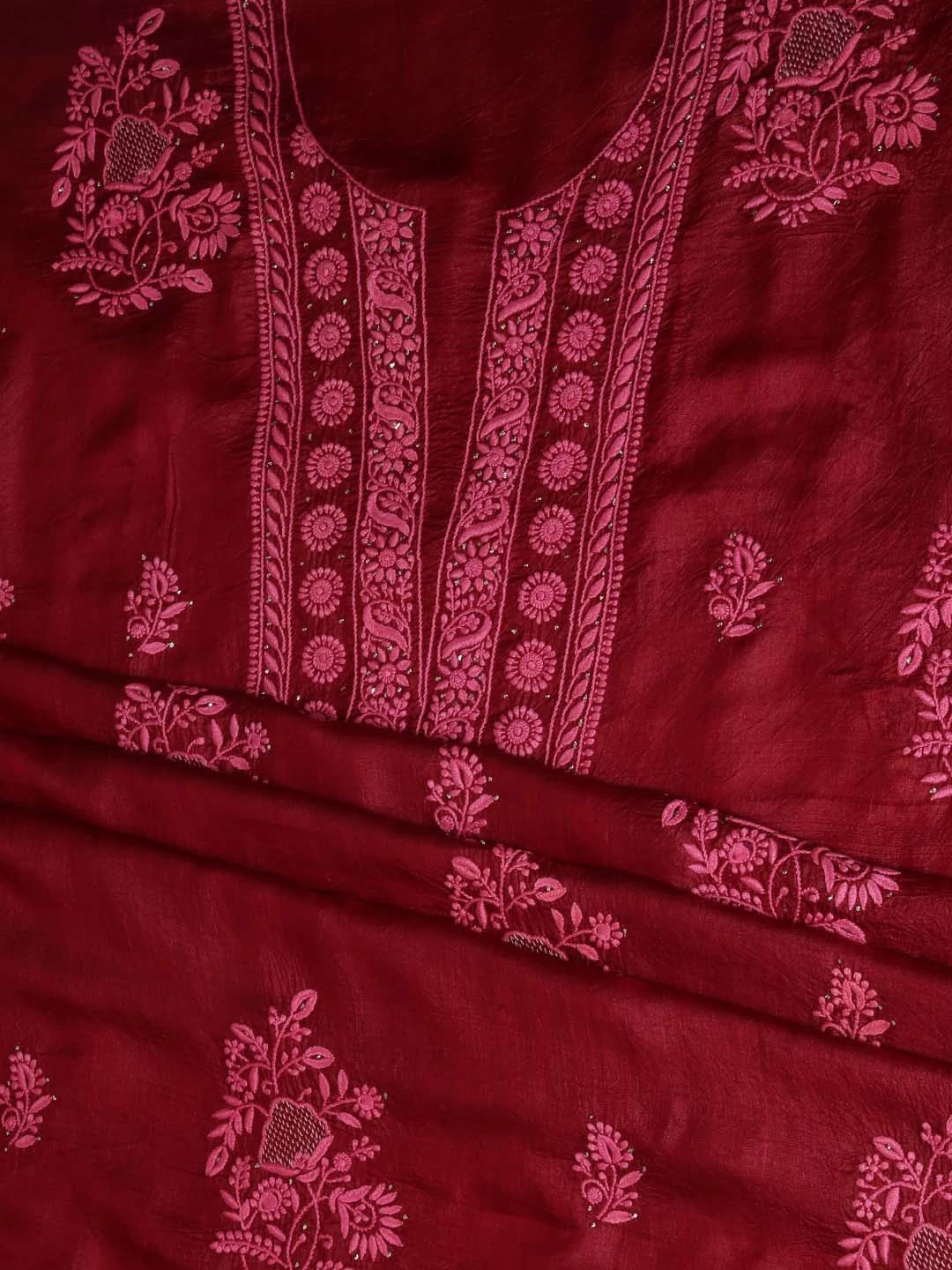 Ada Hand Embroidered Maroon Silk Lucknowi Chikankari Unstitched Kurta Dupatta Set 01A418365