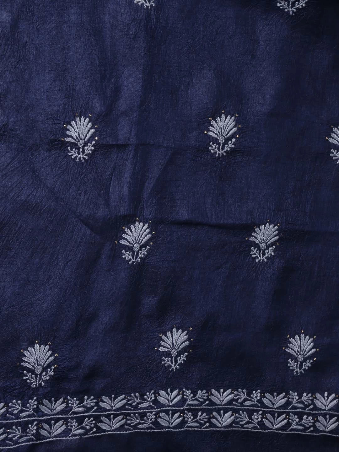 Ada Hand Embroidered Navy Blue Silk Lucknowi Chikankari Unstitched Kurta Dupatta Set With Muqaish Work 01A418367