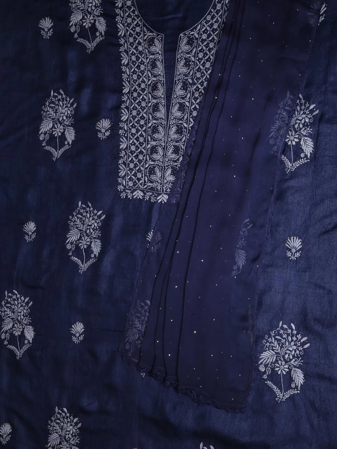 Ada Hand Embroidered Navy Blue Silk Lucknowi Chikankari Unstitched Kurta Dupatta Set With Muqaish Work 01A418367