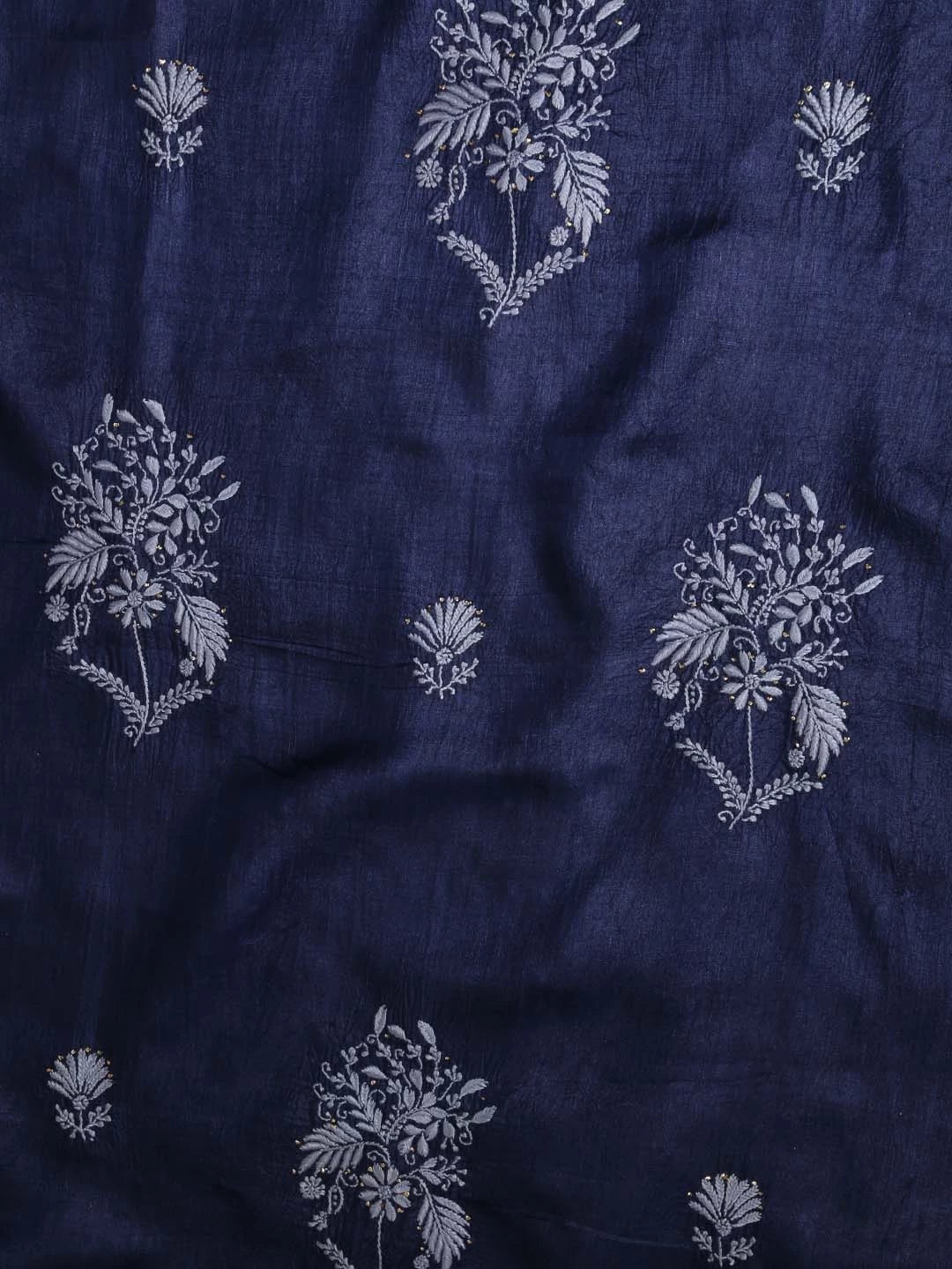 Ada Hand Embroidered Navy Blue Silk Lucknowi Chikankari Unstitched Kurta Dupatta Set With Muqaish Work 01A418367