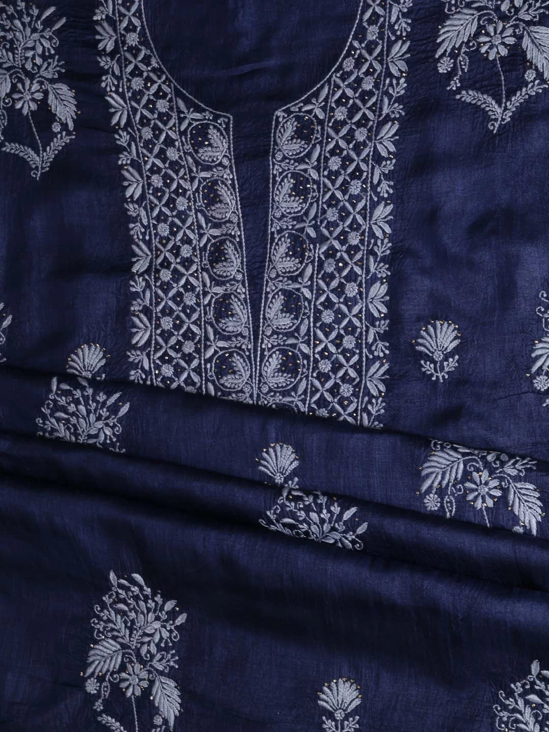 Ada Hand Embroidered Navy Blue Silk Lucknowi Chikankari Unstitched Kurta Dupatta Set With Muqaish Work 01A418367